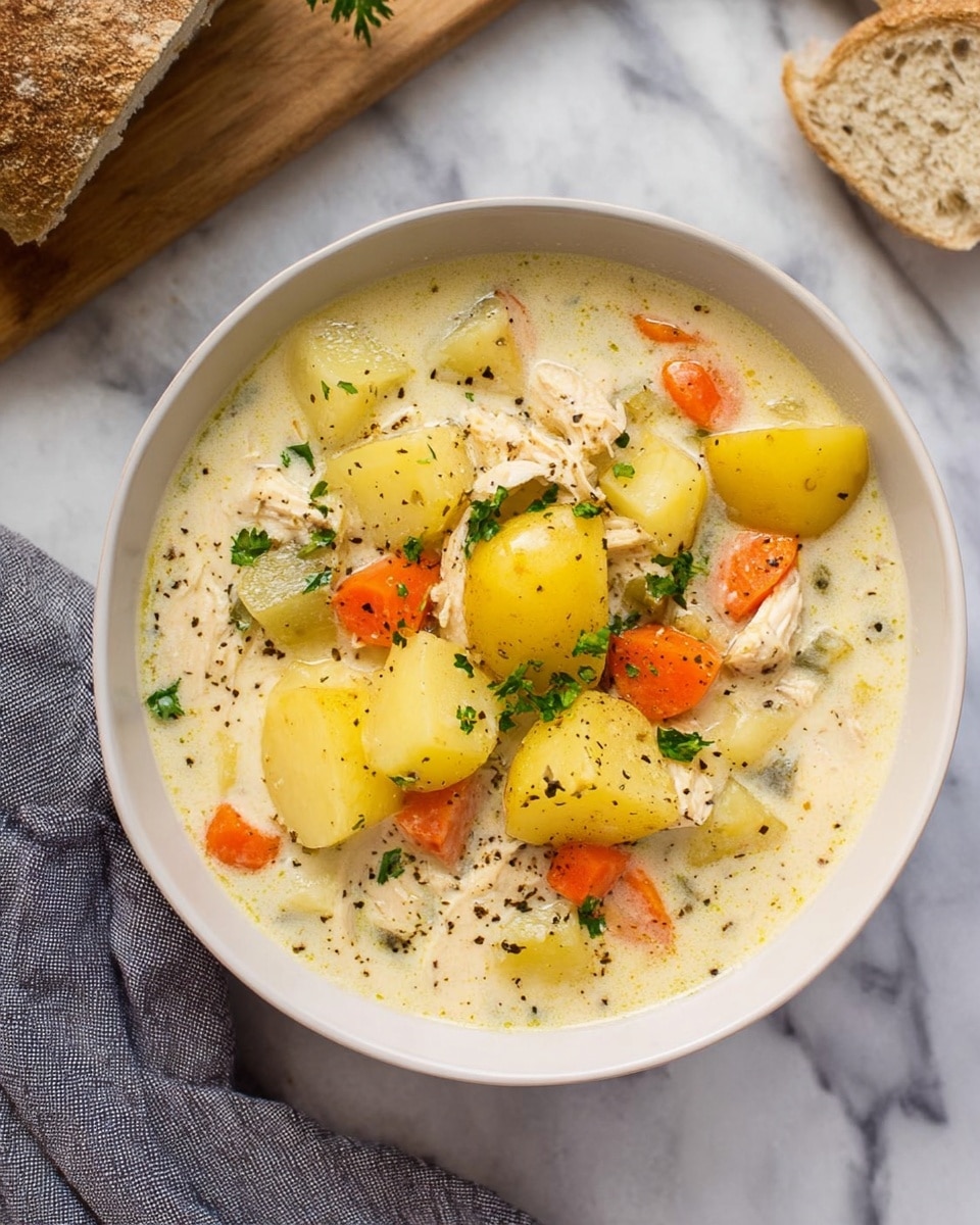 Inside a white crockpot filled with creamy stew, a metal ladle holds a scoop showing chunky pieces of white chicken, small round yellow potatoes, bright orange carrot slices, and bits of green herbs mixed in the thick white sauce. The stew surface in the pot has more chicken, carrots, yellow potatoes, and green herb bits, all visible floating in the creamy broth. The whole setup is on a white marbled surface. photo taken with an iphone --ar 4:5 --v 7