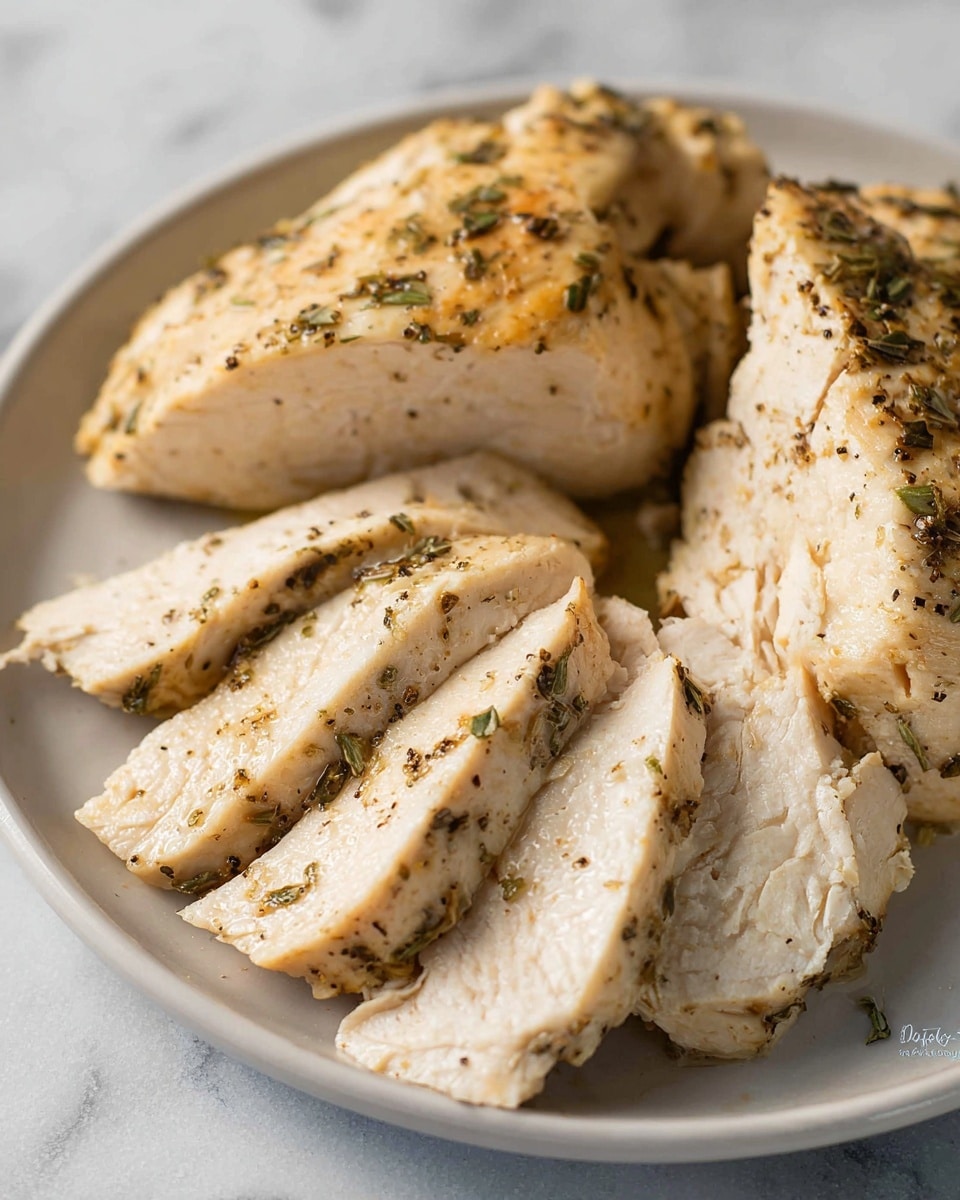 The image shows four cooked chicken pieces inside a white oval slow cooker, arranged closely with some pieces overlapping. The chicken has a light golden brown color with dark specks of herbs and seasoning scattered on top, sitting in a pool of light yellow broth with visible oil. The texture of the chicken looks tender and moist with slight browning, and the slow cooker has a smooth white interior. The scene has a close-up view with soft natural light highlighting the juices and herbs on the chicken. Photo taken with an iphone --ar 4:5 --v 7