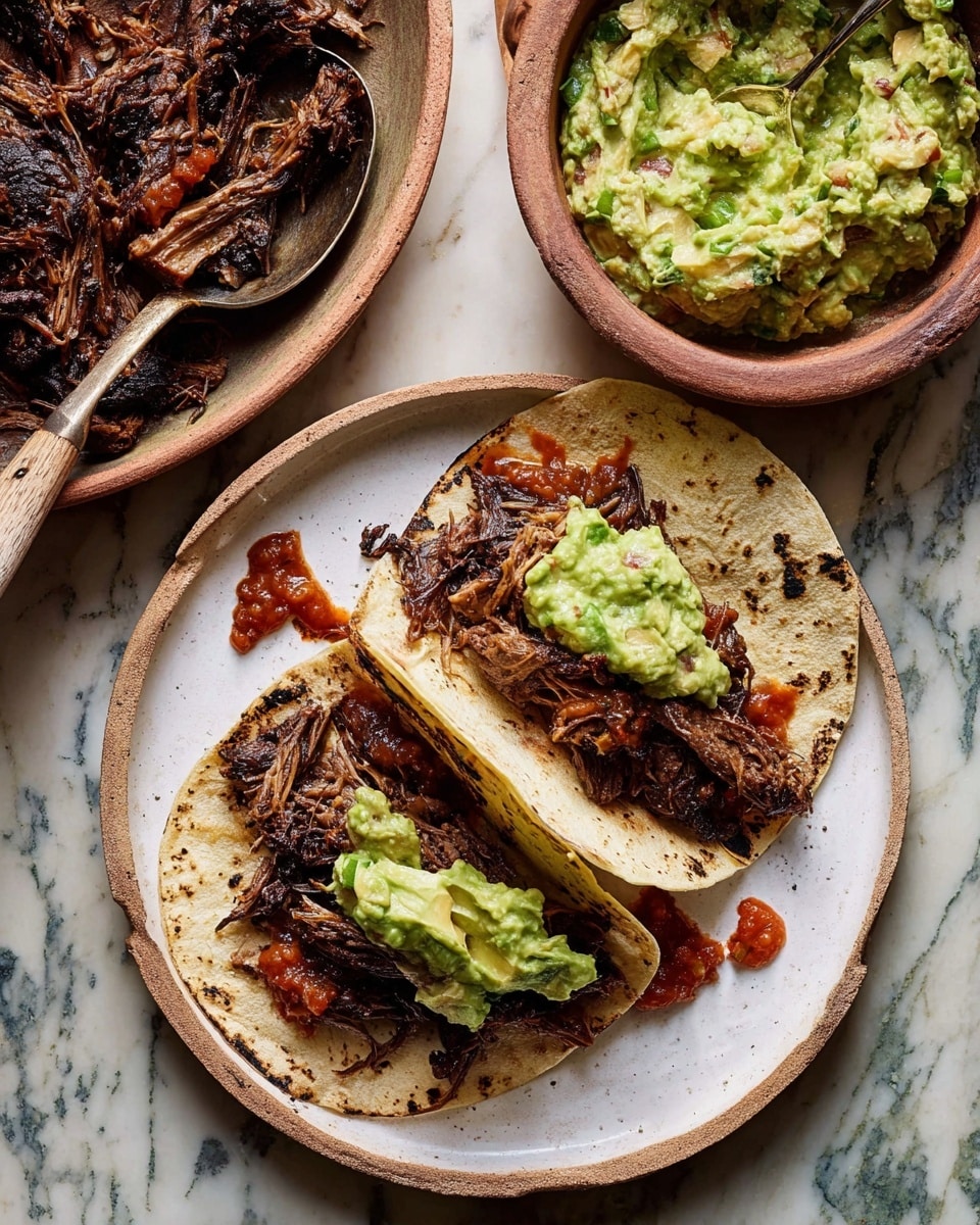 The image shows a large, round deep brown bowl filled with shredded and browned meat that has a rich texture with some crispy edges and juicy bits. The meat pieces vary in size and color from dark brown to lighter golden shades. Two wooden-handled serving spoons rest inside the bowl, partially covered by the meat. On the top left, there are three charred white tortillas stacked. In the top right corner, a white bowl contains a bright red salsa with a chunky texture. On the bottom right, a white plate holds a tortilla topped with shredded meat, green guacamole, and red salsa. The scene is set on a white marbled surface photo taken with an iphone --ar 4:5 --v 7