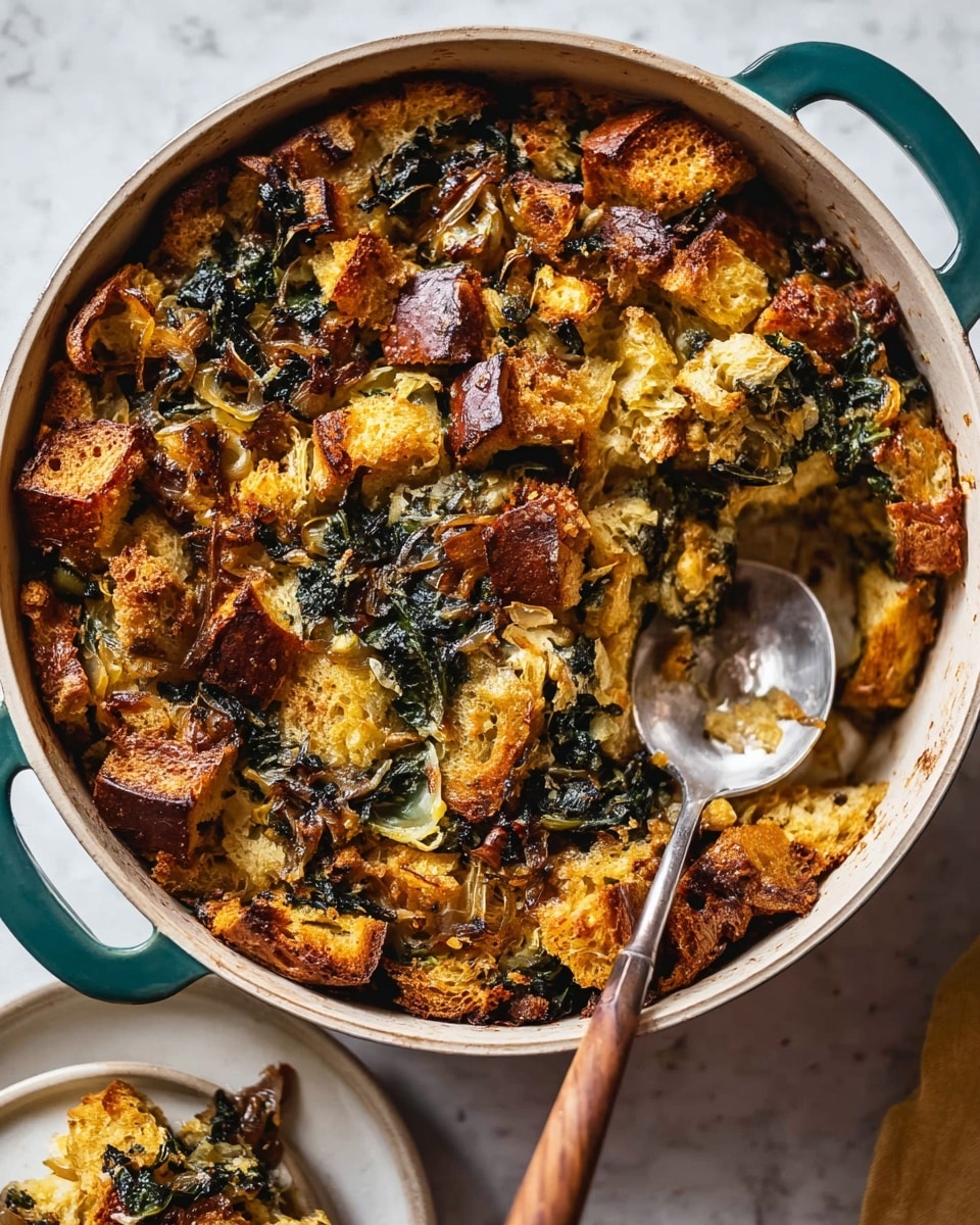 This close-up image shows a baked dish with a rough top layer made of golden-brown toasted bread pieces, some crisp and some soft. Beneath, there is a mix of wilted dark green leafy vegetables and lightly browned caramelized onions, all held together by a creamy yellow custard-like base. The textures range from crunchy bread edges to soft, moist vegetable and custard parts. The overall look is warm and rustic with uneven, natural shapes clustered together. The photo was taken with an iphone --ar 4:5 --v 7