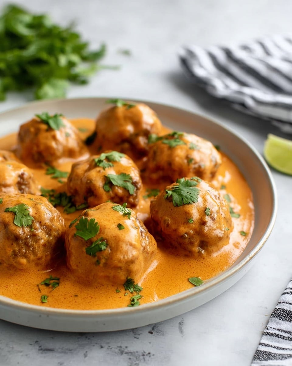 The image shows a white bowl filled with three brown meatballs covered in a smooth, creamy orange sauce with red pepper flakes on top. The meatballs sit on a bed of thin, yellow noodles at the bottom. To the left side of the bowl are bright red strips of bell pepper, and green fresh cilantro leaves are scattered on top of the meatballs and noodles. The bowl is placed on a white marbled surface with a few stray cilantro leaves beside it, and a blurred striped cloth is in the background. Photo taken with an iphone --ar 4:5 --v 7