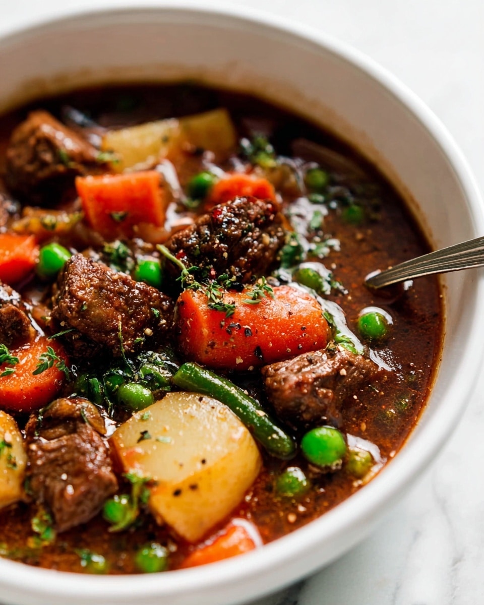 The image shows a close-up of a ladle scooping a rich stew from a black slow cooker. The stew has three main layers: at the bottom is a dark brown broth, followed by chunks of brown meat pieces, bright red tomato pieces, and light green celery cubes, then topped with long, fresh green beans scattered throughout. The metal ladle holds a mix of all these ingredients, highlighting their moist texture and vibrant colors. This setup sits on a white marbled surface. photo taken with an iphone --ar 4:5 --v 7