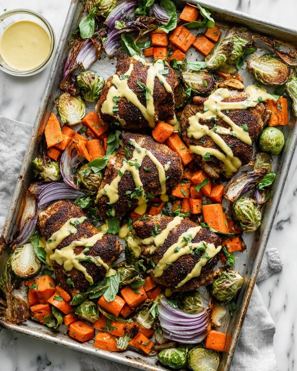 The image shows two white plates on a white marbled surface, each with a serving of a dark brown, seasoned piece of cooked meat drizzled with a light yellow creamy sauce. Next to the meat are roasted vegetables including orange carrots, halved Brussels sprouts with charred edges, and some light pink onion slices. The plates have a decorative rim pattern. Fresh green small herb leaves are scattered over the food and around the plates. A small clear bowl filled with the same creamy sauce and a black spoon sits on the surface near the plates. Three silver forks are placed near the bottom right corner of the image. photo taken with an iphone --ar 4:5 --v 7