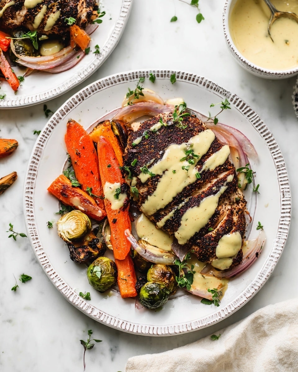 This image shows a metal baking tray filled with four grilled dark brown seasoned pieces of fish topped with light yellow sauce drizzles and small green herb leaves. There are bright orange carrot chunks with char marks scattered around, along with halved Brussels sprouts that are lightly browned on their cut sides. Thin, pale purple raw onion rings are spread throughout the tray, adding light layers and texture, while a few darker green leafy pieces add freshness. A large metal serving spoon rests in the corner of the tray on a black and white striped cloth, and a glass of light yellow sauce sits on a white marbled surface nearby. photo taken with an iphone --ar 4:5 --v 7