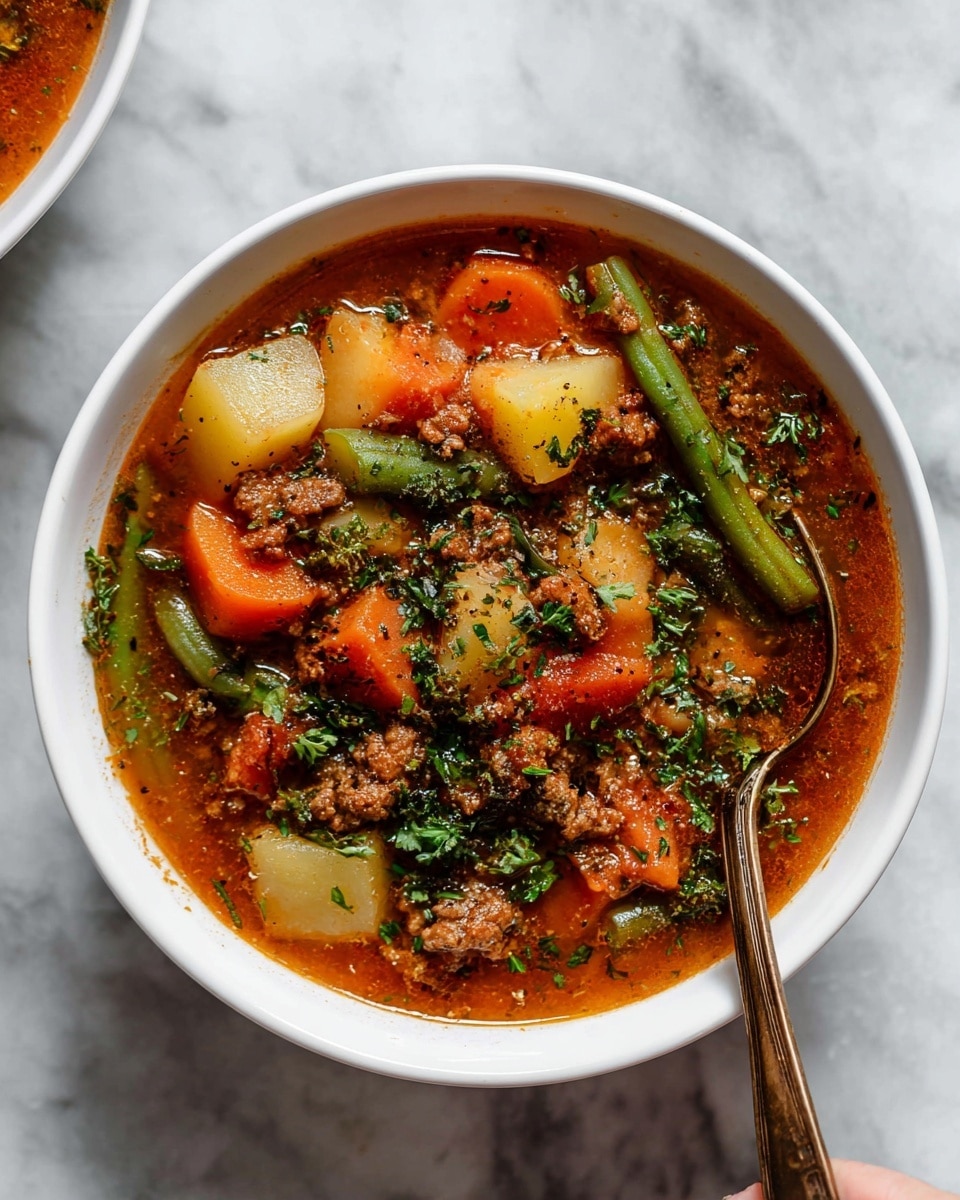 A close-up view of a stew in a pot, showing about six layers of mixed ingredients. The base layer is a rich brown broth, filled with chunks of orange carrots, green beans, dark green leafy kale, red bell pepper pieces, and yellow potato cubes evenly mixed throughout. Small pieces of browned meat are scattered, adding textured, darker brown spots among the bright vegetables. A shiny metal ladle scoops a mix of these chunky ingredients, capturing the colors and textures in detail. The pot’s inside edge is dark brown, contrasting with the colorful stew inside, all set against a white marbled surface. Photo taken with an iphone --ar 4:5 --v 7