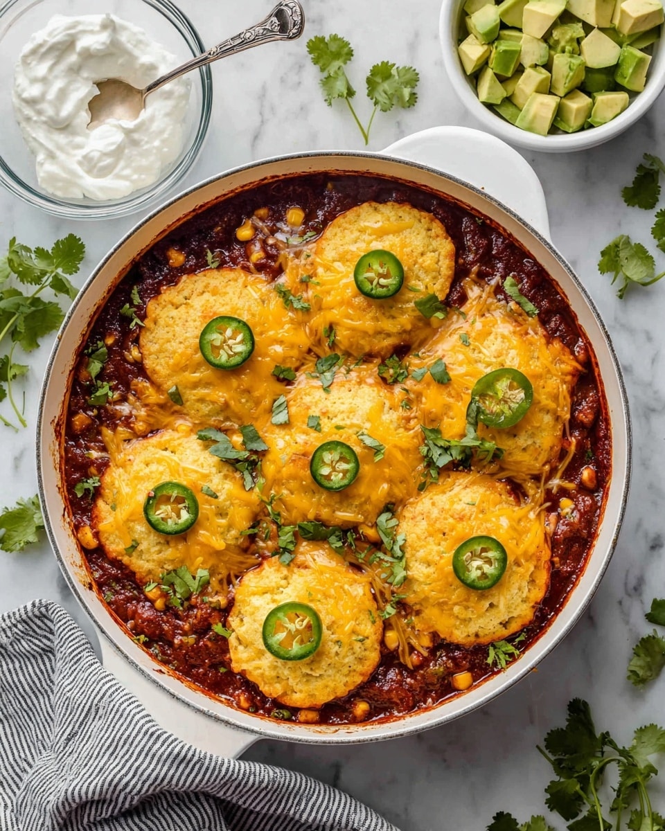 The image shows a white bowl filled with three main layers: the bottom layer is a thick, reddish-brown chili mix with corn and beans, the middle layer is a golden-brown melted cheese patty topped with slices of green jalapeño and scattered cilantro leaves, and the top layer has small cubes of yellow-green avocado and a dollop of white sour cream on one side. A lime wedge sits on the edge of the bowl. Nearby, a white skillet reveals more of the same chili and cheese patties, and small white bowls hold extra lime wedges and diced avocado. The background surface is a white marbled texture, and a striped cloth is folded on one side. Photo taken with an iphone --ar 4:5 --v 7