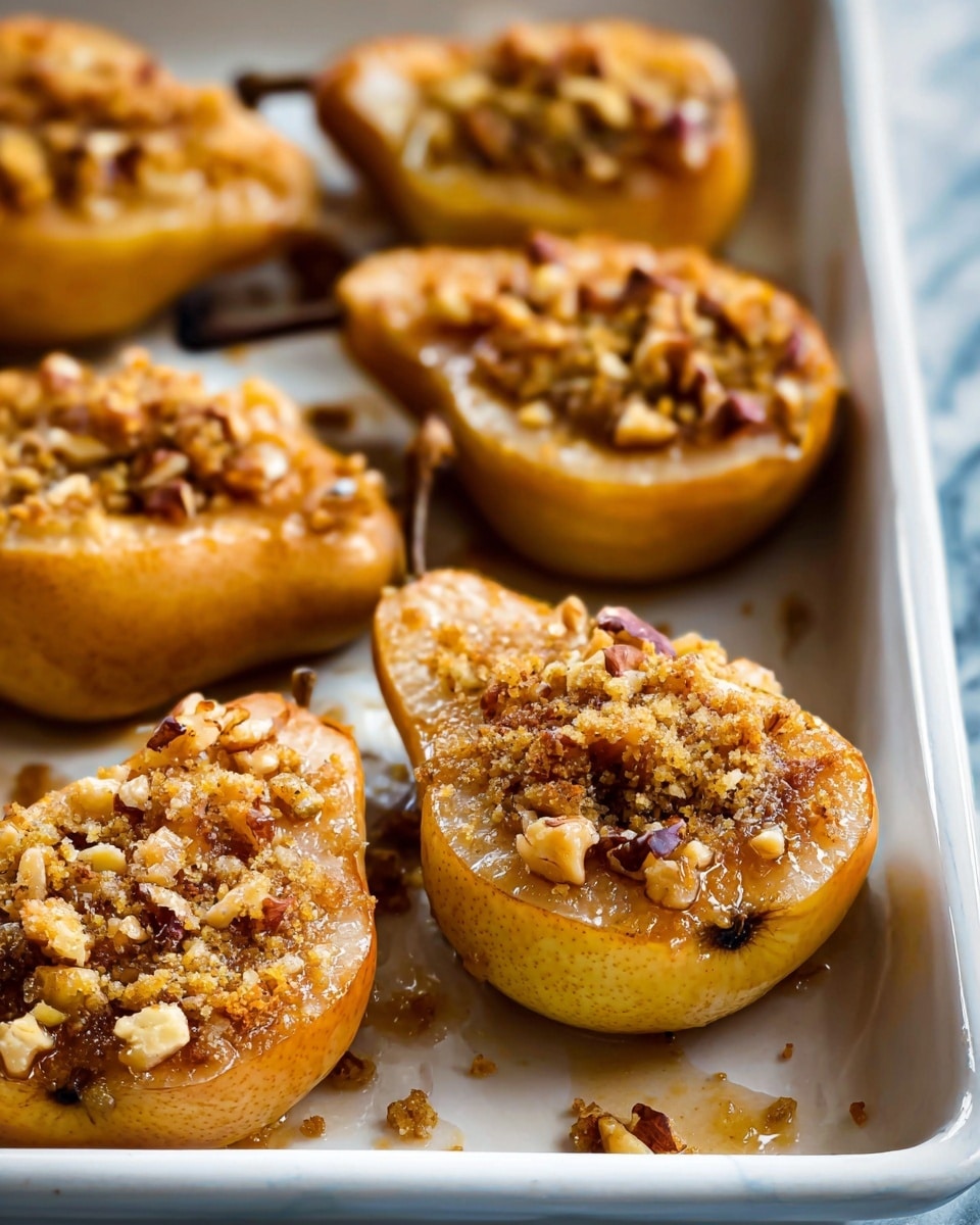 The image shows several baked pear halves placed inside a white baking tray on a white marbled surface. Each pear half is golden brown with a soft, cooked texture and is topped with a crumbly, light brown streusel-like mixture that contains chopped nuts, adding a crunchy texture. The pears have a slightly caramelized look around the edges, and small bits of the crumb topping have fallen onto the tray. The pears are arranged close together with a shallow depth of field, highlighting the front pears while the ones at the back are faintly blurred. Photo taken with an iphone --ar 4:5 --v 7