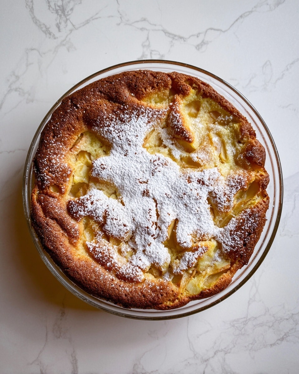 A slice of pear cake sits on a white plate, showing two main layers: a light golden-brown top crust dusted with white powdered sugar and a thick, soft inner cake layer filled with chunks of pale yellow pear pieces. The texture of the cake looks moist and cakey with uneven pear bits inside. Next to the slice, a white fork with a gold handle rests on the plate, and in the background, whole green pears and part of the remaining cake on a clear plate are slightly blurred. The scene is on a white marbled surface with a beige cloth nearby. Photo taken with an iphone --ar 4:5 --v 7