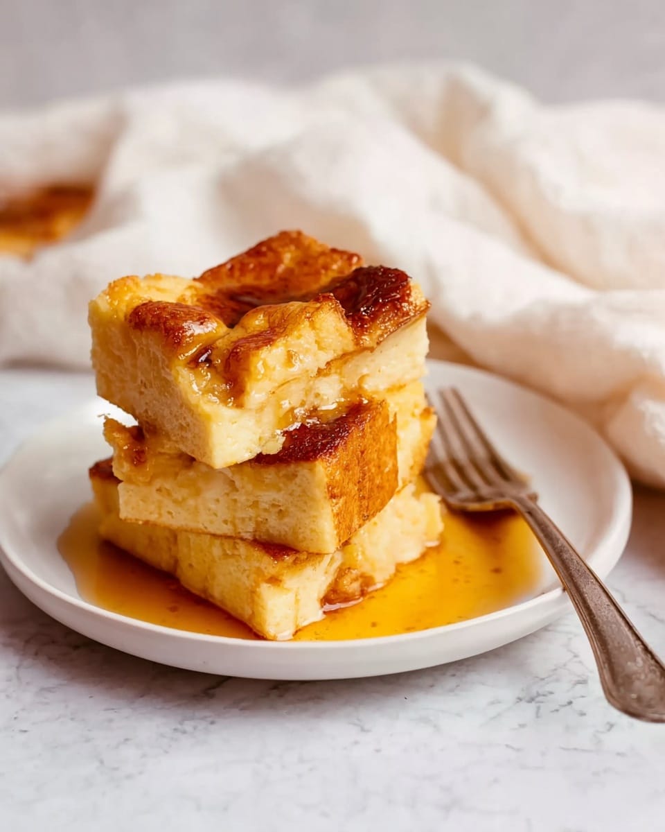 A pile of three thick slices of bread pudding is stacked on a white plate, each layer showing soft, creamy custard soaked bread with a golden-brown top crust. The pudding’s texture is slightly spongy and smooth, with syrup pooling slightly around the base, adding a warm amber color to the pale custard. The background is a white marbled surface, and next to the pudding lies a silver fork with a white cloth draped softly in the background. Photo taken with an iphone --ar 4:5 --v 7