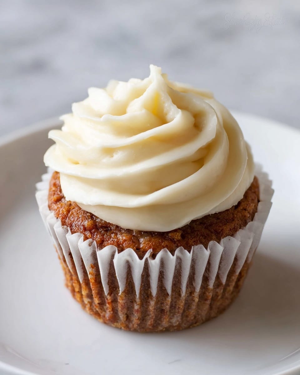 The image shows a close-up of two cupcakes on a white plate with a white marbled surface and dark grey background. Each cupcake has two layers: the bottom layer is a golden brown cake with a slightly rough texture, and the top layer is a smooth, thick swirl of creamy white frosting, sitting neatly on the cake. The cupcake liner is a light, semi-transparent white that reveals the cake color underneath. The focus is on the cupcake in the front, with the second cupcake softly blurred in the background. photo taken with an iphone --ar 4:5 --v 7