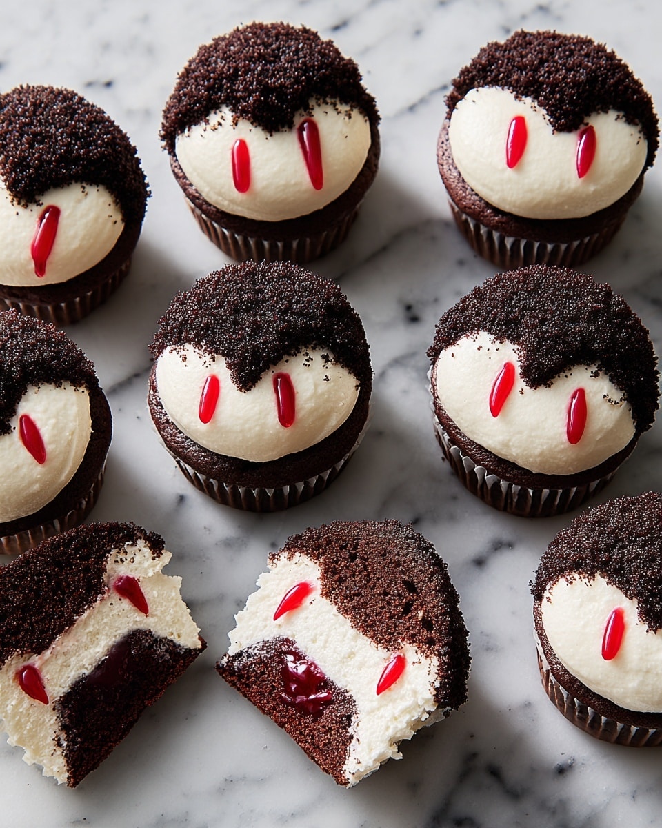 There are four chocolate cupcakes on a white marbled surface. Each cupcake has a thick layer of white frosting on top with a rough texture and a patch of dark chocolate crumbs on one side. Two of the cupcakes are whole and decorated with two small lines of red syrup running down the frosting, resembling tears. The other two cupcakes are cut in half, showing a dark moist chocolate inside with red syrup filling in the center that oozes out slightly. The syrup also drips down the sides of the frosting on the cut pieces. Photo taken with an iphone --ar 4:5 --v 7