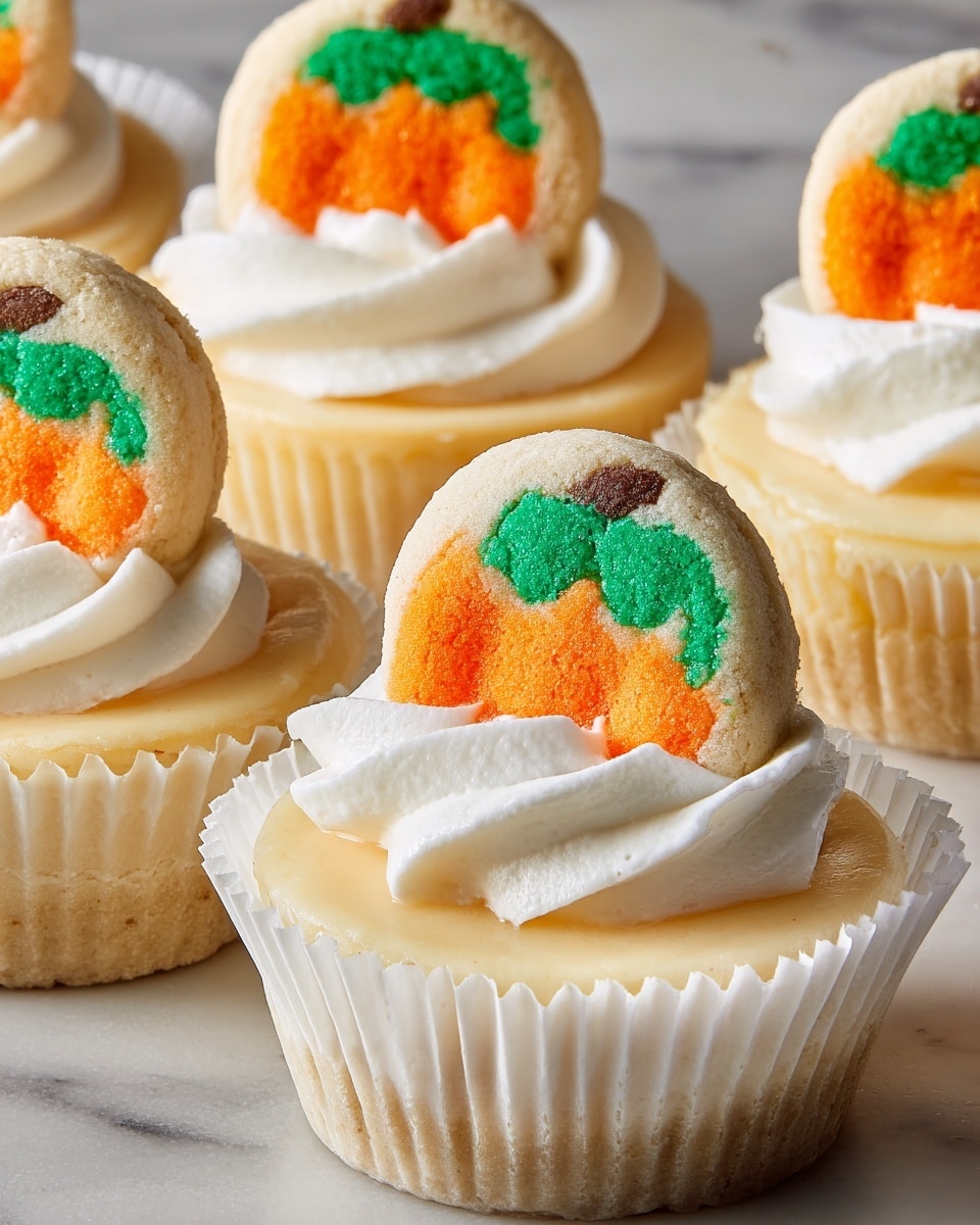 The image shows mini cheesecakes in white paper liners arranged on a white marbled surface. Each cheesecake has a smooth, pale yellow base layer with a thick, creamy white layer of whipped topping swirled on top. A round cookie decorated with an orange carrot and green leafy top is inserted vertically into the whipped layer at the back of each cheesecake. The cookies have a light beige color around the edges with the bright orange and green colors clearly visible in the center photo taken with an iphone --ar 4:5 --v 7
