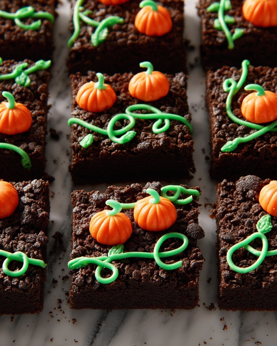 The image shows several square pieces of dark brown chocolate brownies with a crumbly texture on top, arranged closely on a white marbled surface. Each brownie square has a bright orange candy pumpkin with a small green stem placed near the center. Thin, squiggly green icing lines spread across the brownies, looking like vines or stems, giving a Halloween or autumn vibe. The dark crumbly top contrasts with the smooth, brightly colored decorations. photo taken with an iphone --ar 4:5 --v 7