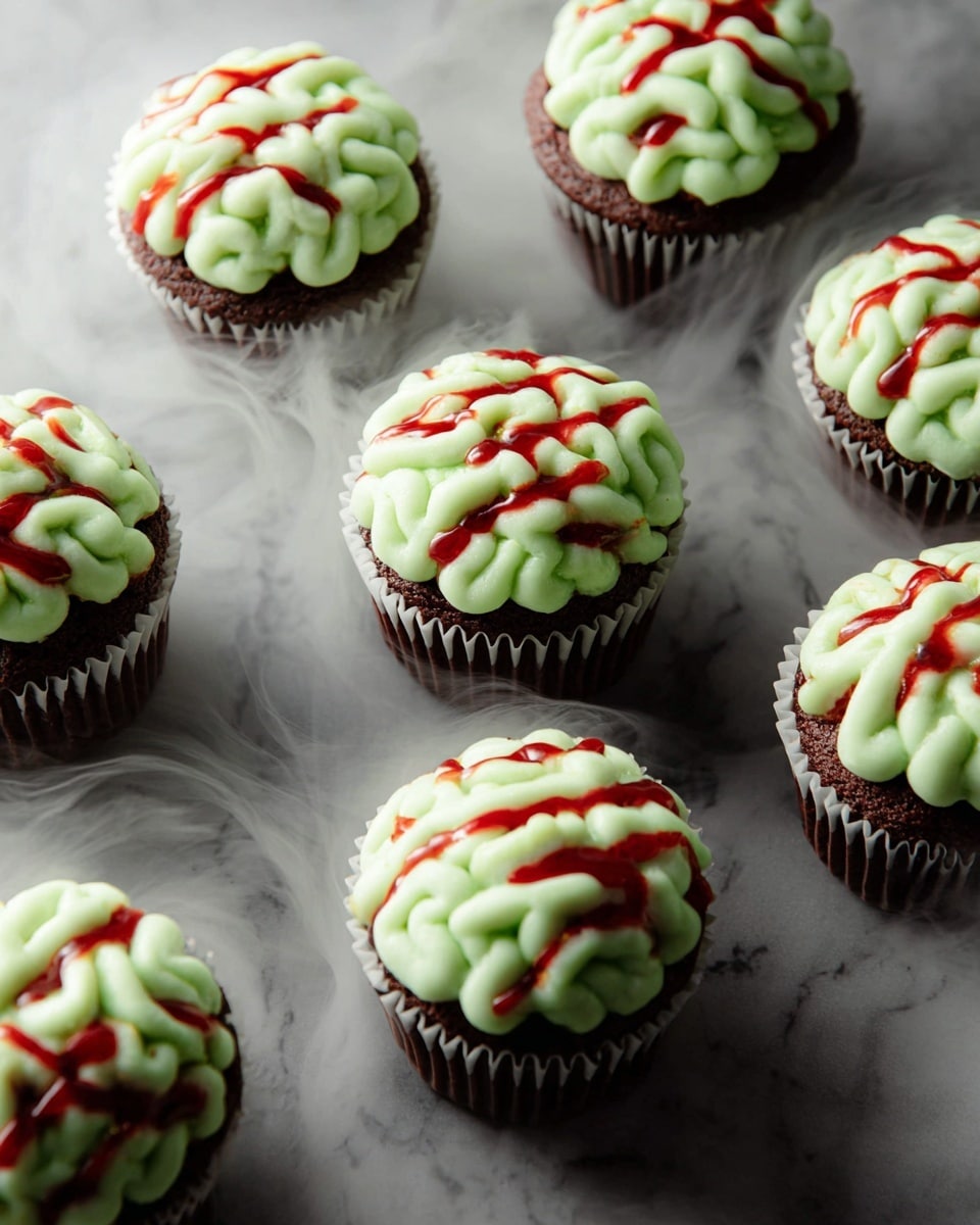 The image shows several dark brown chocolate cupcakes placed on a surface with a smoky effect and white marbled texture. Each cupcake has a thick, wavy layer of light green frosting on top, arranged in a zigzag pattern that covers the entire surface of the cupcakes. Bright red syrup is scattered over the green frosting in thin lines, adding contrast and a dripping effect. The cupcakes are arranged randomly but clearly visible from a close-up angle, highlighting the texture of the frosting and cake. photo taken with an iphone --ar 4:5 --v 7