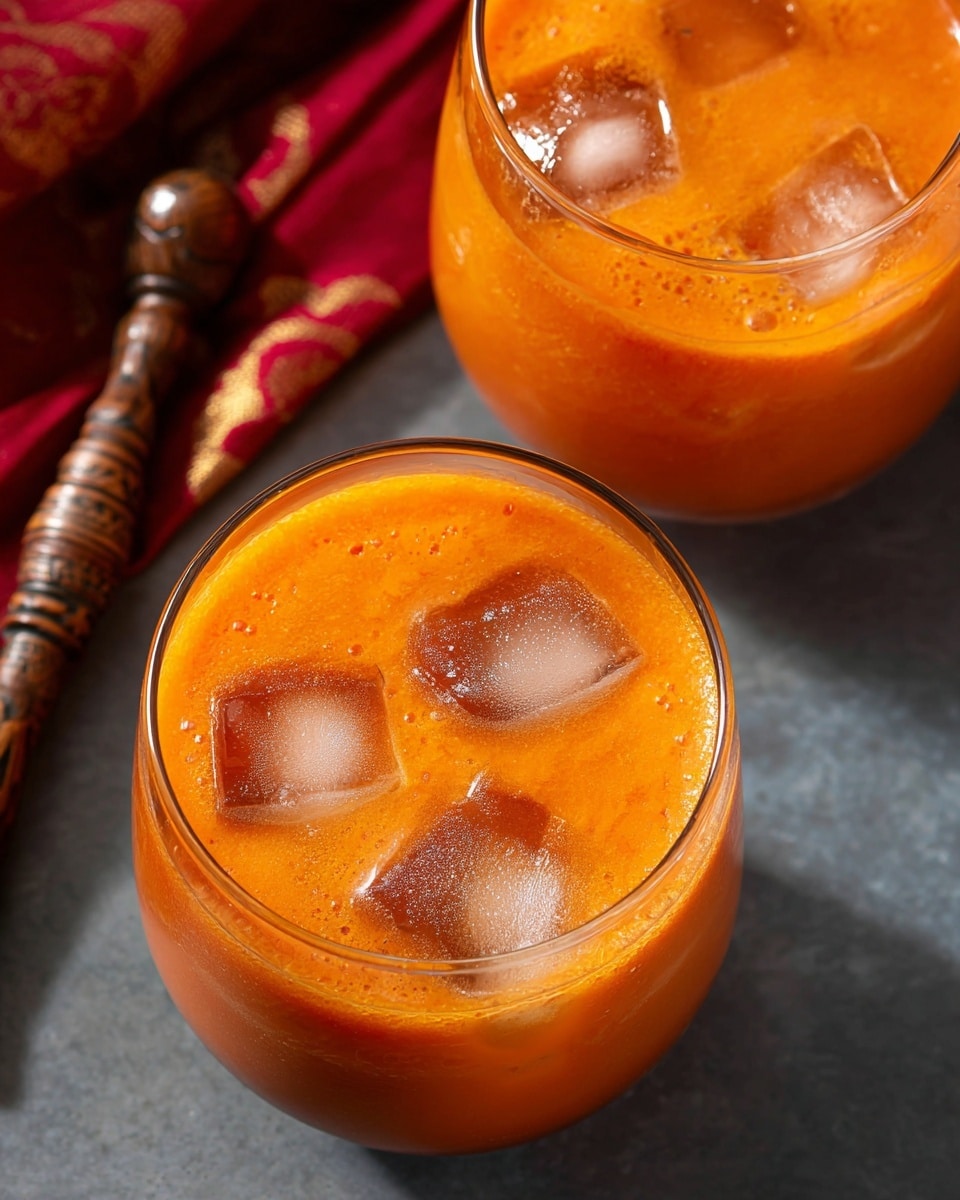 Two round clear glasses filled with bright orange juice with a smooth thick texture are shown, each glass having three large ice cubes floating on top. The glasses are placed close to each other on a white marbled surface with soft natural light highlighting the juice's vibrant color and slight bubbles near the edges. A dark patterned knife handle partially appears on the left side, and a red and yellow cloth is blurred in the background. photo taken with an iphone --ar 4:5 --v 7