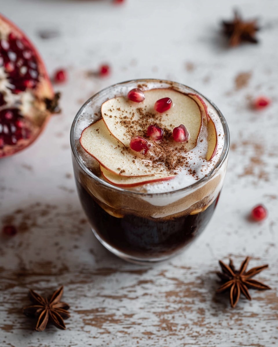 The image shows a clear glass cup with three visible layers: the bottom layer is dark brown liquid, next there are floating dry apple slices with light beige and red edges above the liquid, and the top layer is white foam sprinkled lightly with brown powder. Scattered on the foam are a few bright red pomegranate seeds. Around the cup on a white marbled surface are some dry apple slices, star anise, and scattered pomegranate seeds, creating a warm, cozy look. Photo taken with an iphone --ar 4:5 --v 7