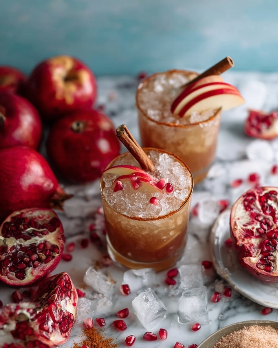 Two clear glasses filled with a light brown drink and crushed ice are placed on a white marbled surface. Each glass is topped with a thin slice of red apple, a cinnamon stick standing upright, and small red pomegranate seeds scattered on the ice. Around the glasses, there are whole red apples, halved pomegranates showing their seeds, and scattered ice cubes. A white plate with light brown sugar is partially visible at the bottom. The whole setting has a mix of red and brown colors against the bright white marbled surface. photo taken with an iphone --ar 4:5 --v 7