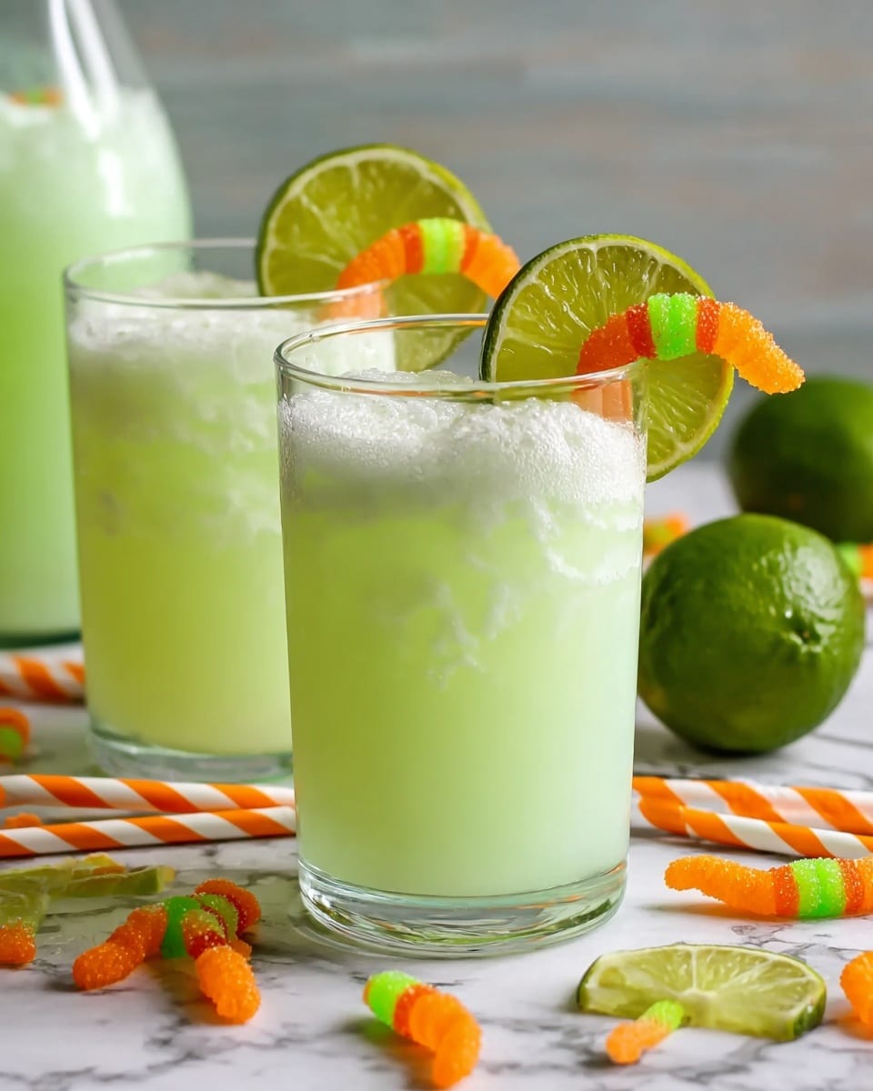 The image shows a clear glass filled with a light green drink topped with a layer of white froth that has tiny green specks mixed in. On the rim of the glass sits a fresh, bright green lime slice positioned upright. Next to the lime slice, a colorful worm-shaped candy with orange and green segments rests on the froth and leans over the edge of the glass. The background and surface are a smooth white marbled texture, and another similar glass is softly blurred behind it. Photo taken with an iphone --ar 4:5 --v 7