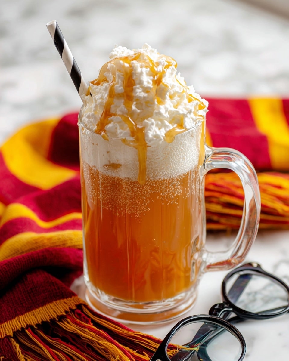 The image shows a clear glass mug filled with an amber-colored drink that has bubbles on the sides. On top of the drink is a thick white whipped cream layer with light brown syrup drizzled over it, which drips down the sides of the mug. A black and white striped straw sticks out from the whipped cream. In front of the mug are black round glasses resting on a red and yellow striped scarf, all placed on a white marbled surface. A blurred bottle is visible in the background. Photo taken with an iphone --ar 4:5 --v 7