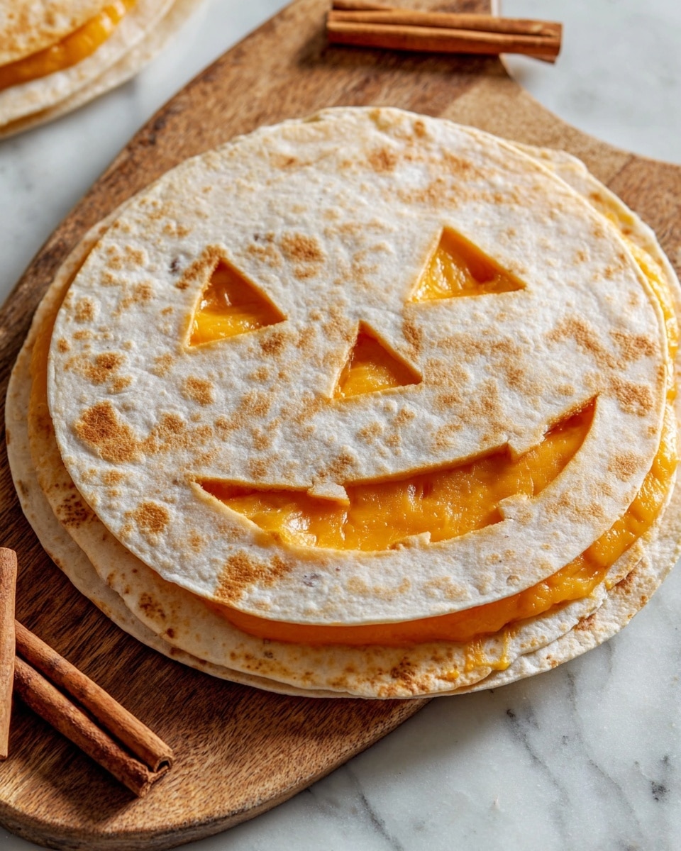 A round quesadilla with two soft, light golden tortilla layers, with the top tortilla featuring cutouts in the shape of a jack-o'-lantern face showing the bright orange melted cheese inside; the edges slightly show the layered melted cheese, and it sits on a wooden board next to cinnamon sticks, all placed on a white marbled surface. Photo taken with an iphone --ar 4:5 --v 7