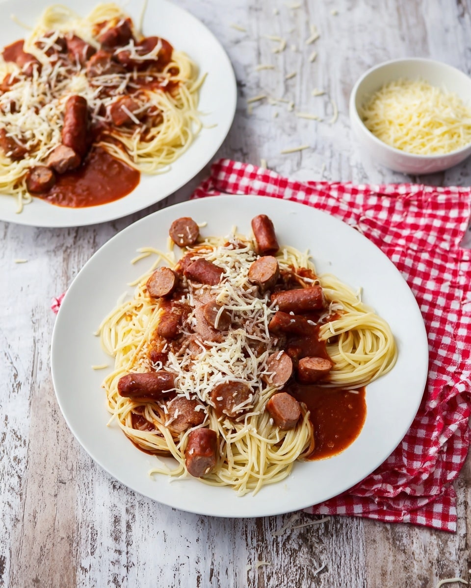 Two white square plates each hold a simple meal with three layers. The bottom layer is light yellow spaghetti loosely piled in the center and slightly spread out. On top of the pasta, rich dark red tomato sauce is spread unevenly over the middle and edges. Scattered over the sauce and pasta are several short, thick pieces of pinkish-brown sausage. A light dusting of finely grated pale yellow cheese covers parts of the sauce, spaghetti, and sausage. The plates rest on a table with a white marbled texture, accompanied by a small white bowl filled with more grated cheese and a red-and-white checked cloth nearby. Photo taken with an iphone --ar 4:5 --v 7