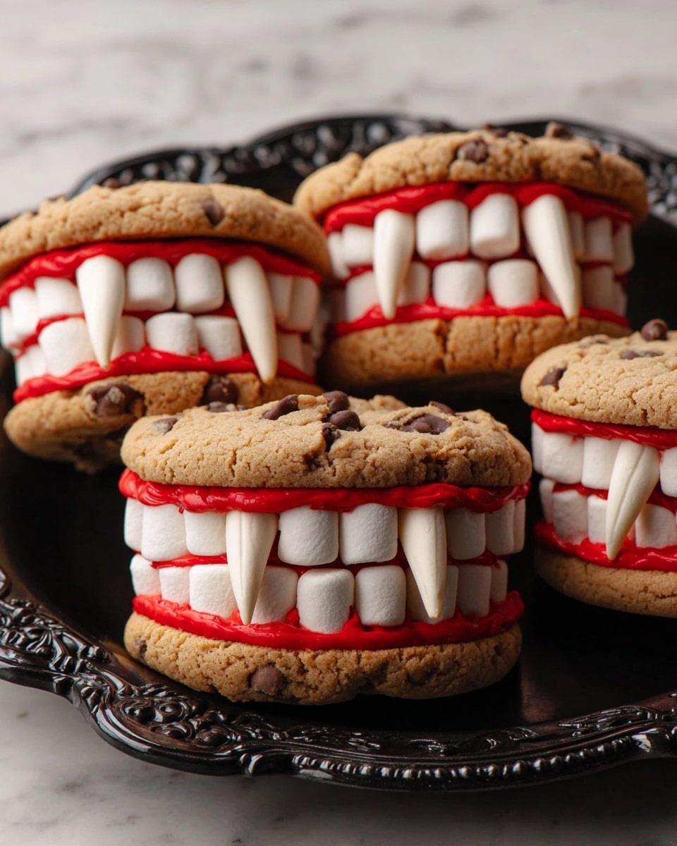 The image shows five cookie sandwiches arranged close together on an ornate black tray. Each sandwich has two light brown chocolate chip cookies as the top and bottom layers with a rough textured surface. Between the cookies is a layer of bright red frosting and a row of white mini marshmallows standing upright to resemble teeth. Thin, pointed almond slices are placed vertically between some marshmallows, resembling fangs. The cookies and marshmallows create a Halloween-themed smile effect. The tray is set against a white marbled background. photo taken with an iphone --ar 4:5 --v 7
