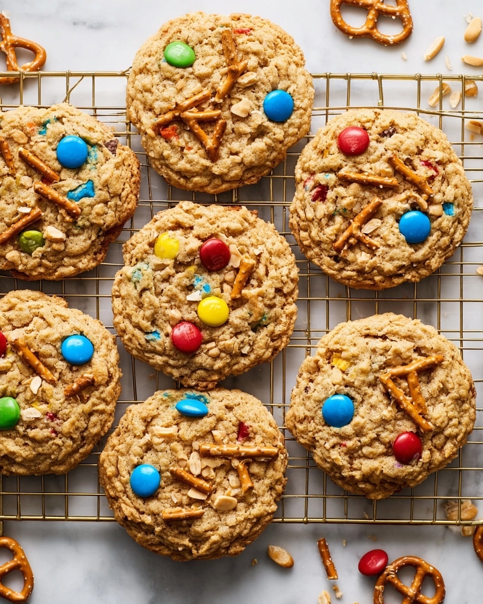 The image shows seven large oatmeal cookies with colorful candy pieces, peanuts, and small pretzel sticks on top, all arranged on a gold cooling rack over a white marbled surface. Each cookie has a rough texture with visible oats mixed into the soft golden-brown dough. The candy pieces are round and shiny in bright colors like blue, red, yellow, and green, scattered evenly across the cookie tops. The pretzel pieces are small, light brown, and crunchy, placed randomly but clearly visible on each cookie. There are also some whole peanuts sprinkled across the surface, adding extra texture and color contrast. Some broken pretzel sticks and a few candies are scattered loosely around the rack. photo taken with an iphone --ar 4:5 --v 7