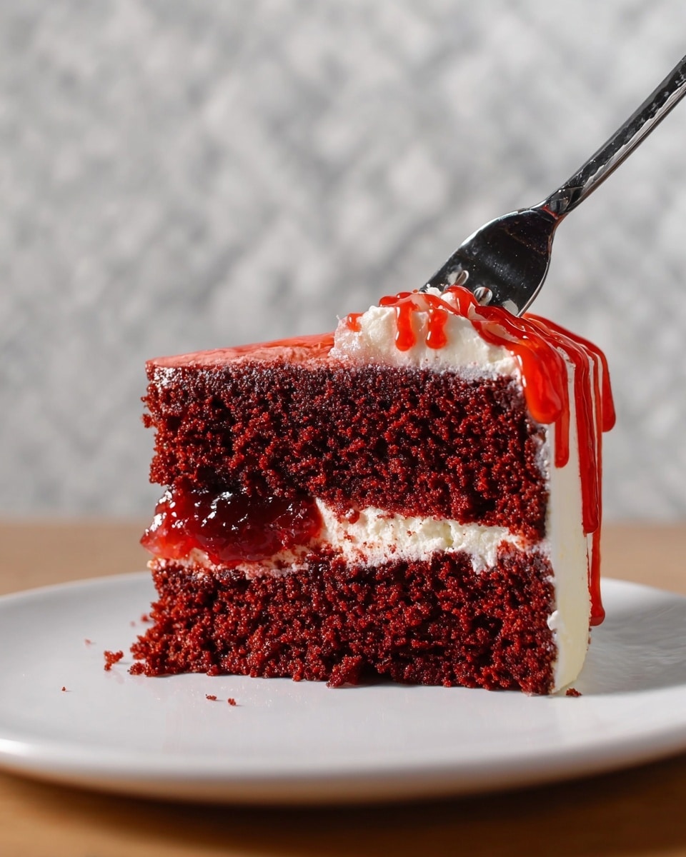 A round cake with smooth white frosting on the sides is placed on a black round serving board. The top layer has a shiny red glaze that drips down the sides unevenly, adding a dripping effect. A large gray knife is stuck vertically into the middle of the cake. The cake has a simple, clean look with the contrast between the white frosting and bright red glaze. The background features a wooden surface with a silver skull decoration on the right and two small white tombstone props with
