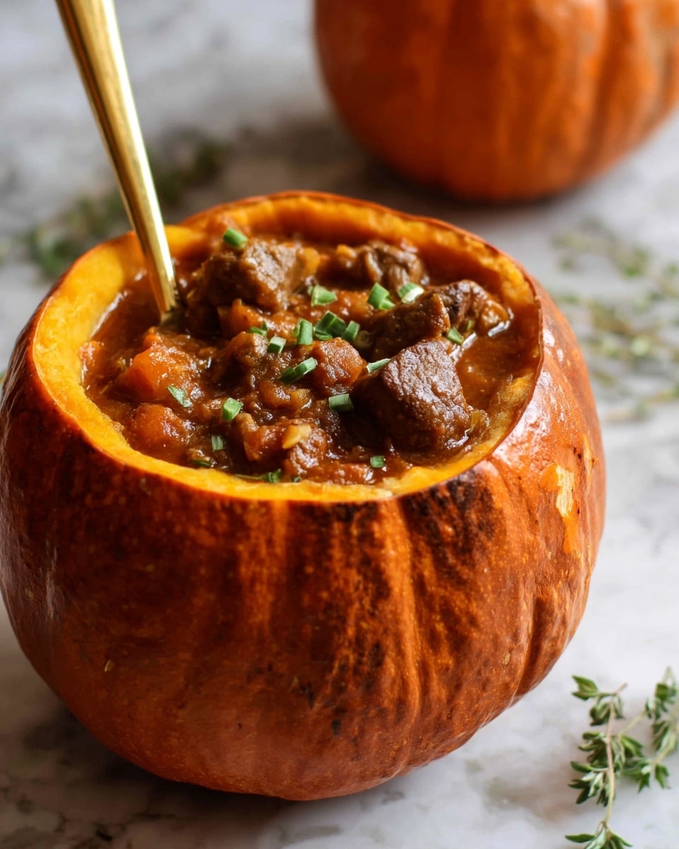 The image shows a hollowed pumpkin filled with a rich stew made of chunks of brown meat, orange carrots, and potatoes, topped with bright green fresh herbs. The pumpkin is deep orange and glossy, with its lid leaning beside it, showing the smooth inside of the pumpkin’s rind. In the background, another filled pumpkin is visible, and a white bowl with orange mashed mixture and a gold spoon is placed on the white marbled surface. The scene is warm and rustic with soft natural lighting, highlighting the textures and colors. Photo taken with an iphone --ar 4:5 --v 7