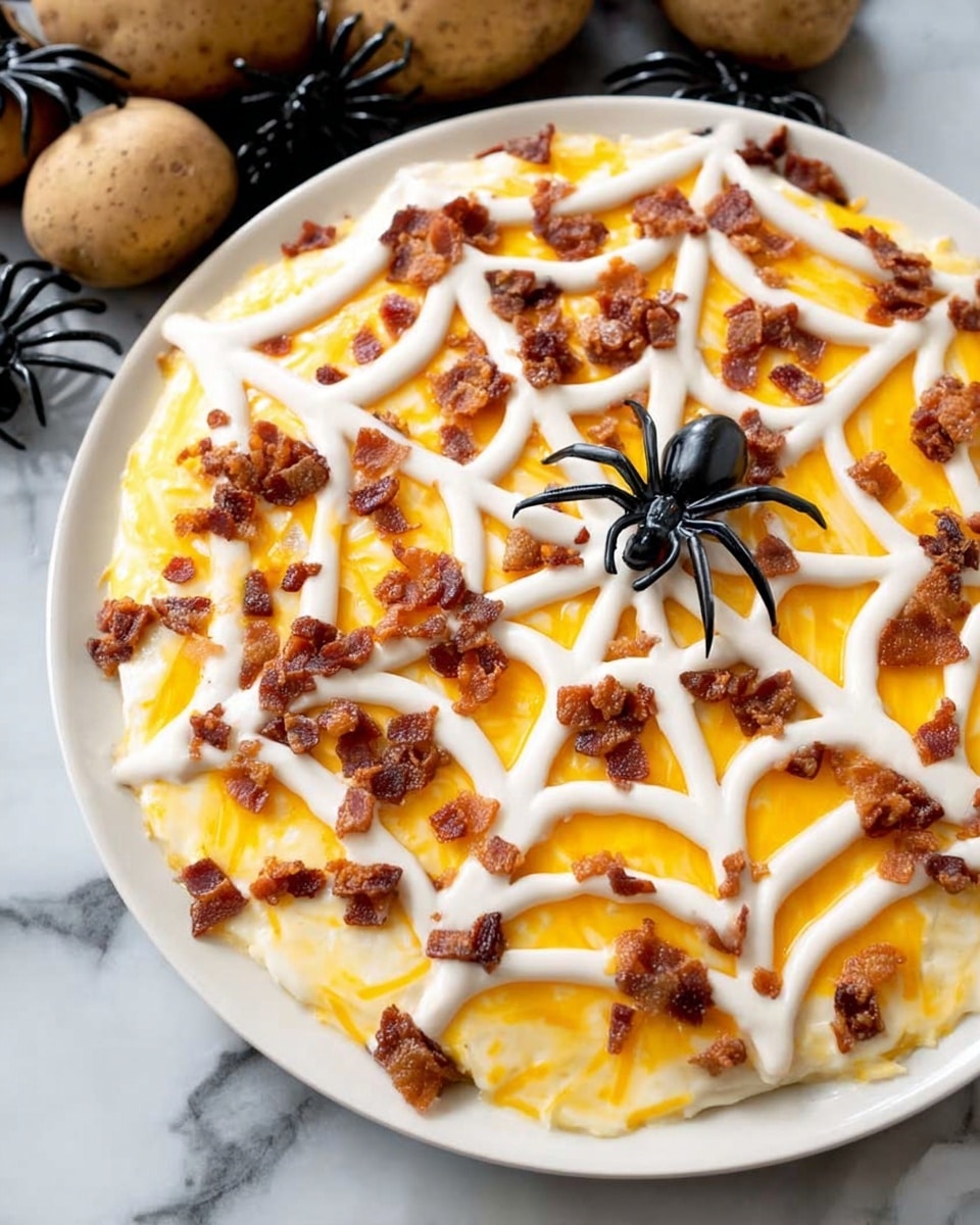 The image shows a white plate with one layer of melted yellow cheese topped with small brown bacon pieces scattered evenly. On top, there is white sauce made in thick lines forming a spider web pattern covering the cheese and bacon. A black plastic spider sits on the web near the edge. The plate is on a white marbled surface with potatoes and more black plastic spiders in the background. photo taken with an iphone --ar 4:5 --v 7
