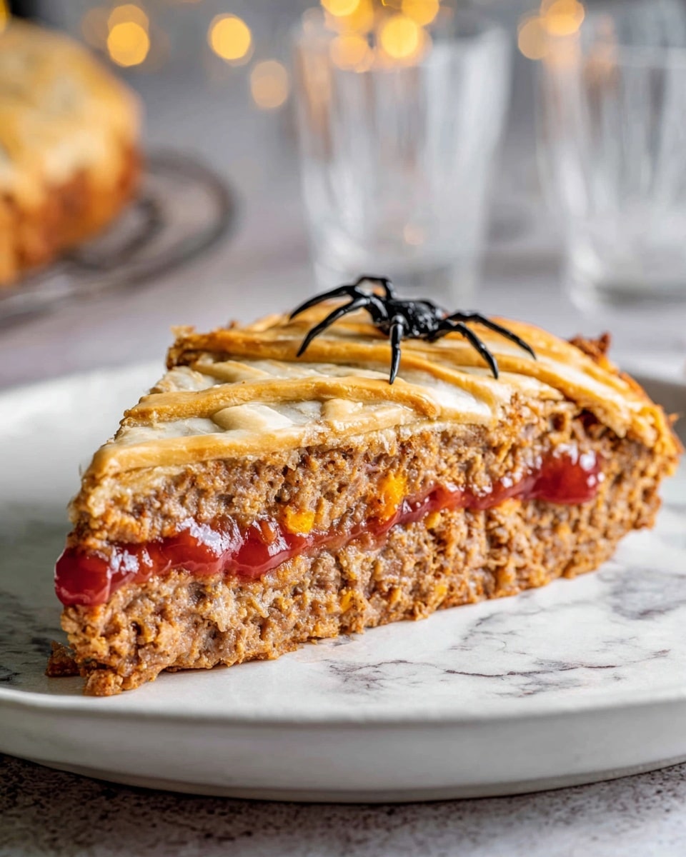 A white oval plate holds a mummy-shaped pastry with golden brown crisscrossed strips layered over a bright red filling, creating the look of mummy wrappings. Two round white candy eyes with black pupils peek out near the top where the strips open slightly. Small black plastic spiders are scattered on and around the pastry on the plate and the white marbled surface. To the side, there are two clear glasses with light liquid in them, a small lit white candle, a stack of dark plates, three vintage forks, and a small skeleton figure. The whole scene has a casual, spooky Halloween vibe. photo taken with an iphone --ar 4:5 --v 7