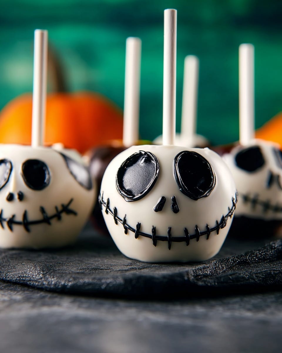 The image shows several round apples covered in smooth white coating with black shapes resembling hollow eyes, small nose, and stitched smiling mouth decorated on the front to look like skull faces. Each apple has a small white stick inserted at the top. The apples are placed on a dark textured bed, with a small orange pumpkin visible in the blurred background, and a green surface behind it. The skull faces have shiny black details that contrast the matte white coating, and the apples are arranged in a loose group. The photo taken with an iphone --ar 4:5 --v 7