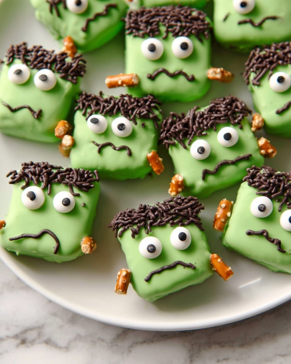 The image shows small square treats covered in smooth green coating laid out on a white plate on a white marbled surface. Each treat has two round white candy eyes with black centers on the top layer. On the surface of the green coating, there are scattered sprinkles resembling short brown strands for hair, and a wavy line of brown icing shapes a mouth on some treats. Each treat has a short, broken pretzel stick poking out from the bottom edge, representing legs. The texture of the green coating is glossy and slightly uneven, giving a soft, homemade look. Photo taken with an iphone --ar 4:5 --v 7