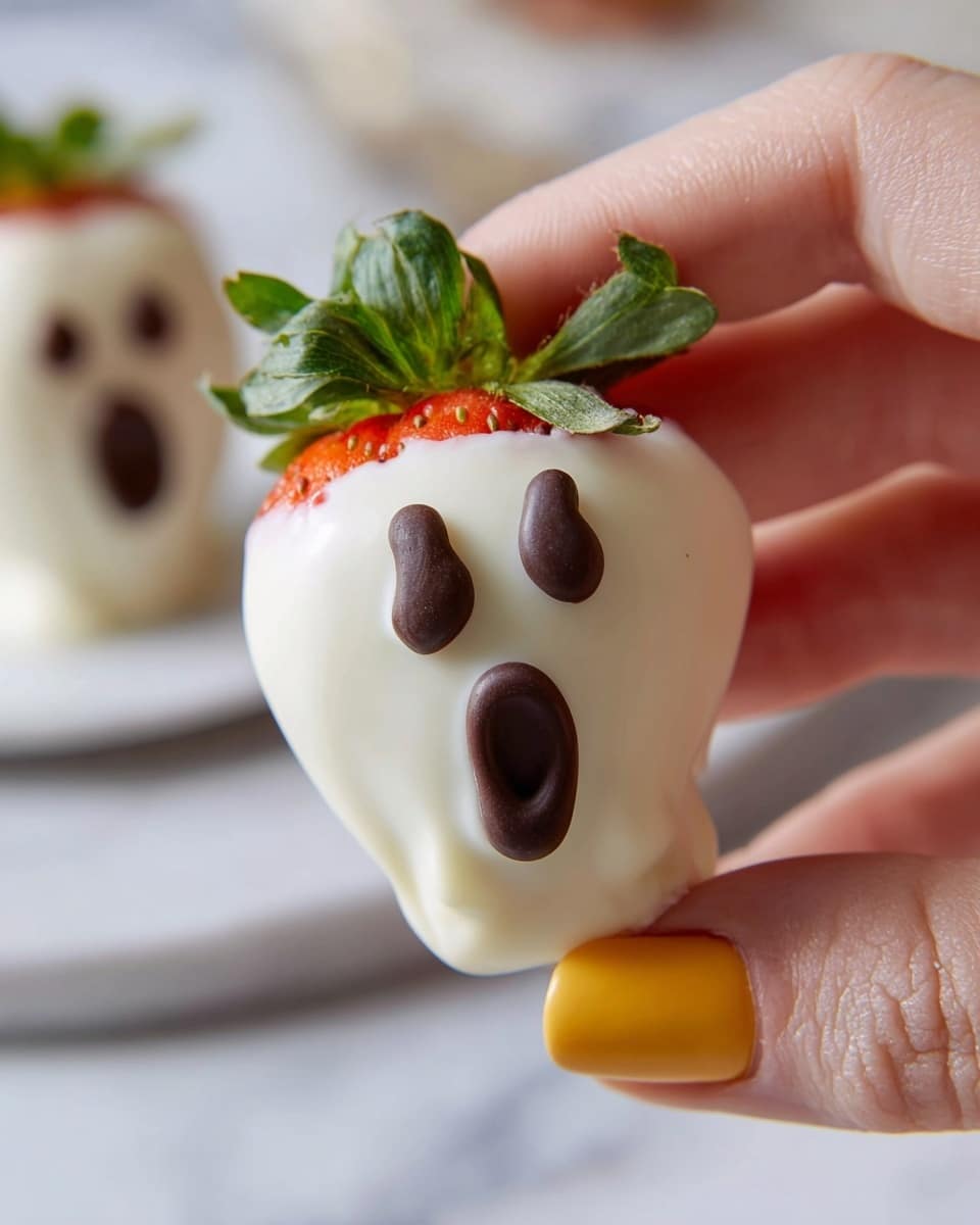 A close-up of a strawberry dipped in smooth white chocolate, shaped like a small ghost with two dark chocolate chips for eyes and a ring of dark chocolate forming an open mouth. The green leafy top of the strawberry pokes out from the white chocolate, adding a fresh green contrast. A woman's hand with yellow nail polish holds the ghost strawberry delicately. The background features a soft focus with another similar ghost strawberry, all set on a white marbled surface. Photo taken with an iphone --ar 4:5 --v 7