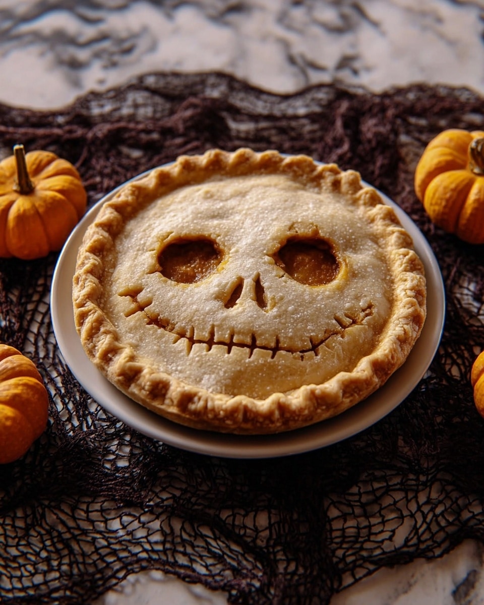 A round pumpkin pie with a light golden-brown crust and a darker browned edge sits on a white plate. The top crust has a carved face with two oval eye holes filled with a darker pumpkin filling and a stitched, curved smile with small cut lines for teeth. The pie rests on a white marbled surface with three small orange pumpkins to the left side. The whole scene has a warm, cozy autumn feeling. Photo taken with an iphone --ar 4:5 --v 7