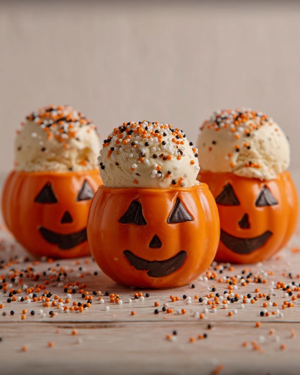 A woman’s hand is holding a small orange pumpkin-shaped dessert bowl with a shiny smooth texture and a jagged edge on top. The pumpkin is decorated with a smiling face made of dark chocolate, with two triangular eyes and a wide mouth. Inside the pumpkin bowl, there is a creamy white scoop of ice cream sprinkled with black, orange, and white tiny round sprinkles. A vintage silver spoon is placed in the ice cream standing upright. The background shows more pumpkin bowls filled with ice cream, all on a wooden surface scattered with the same colorful sprinkles. Photo taken with an iphone --ar 4:5 --v 7