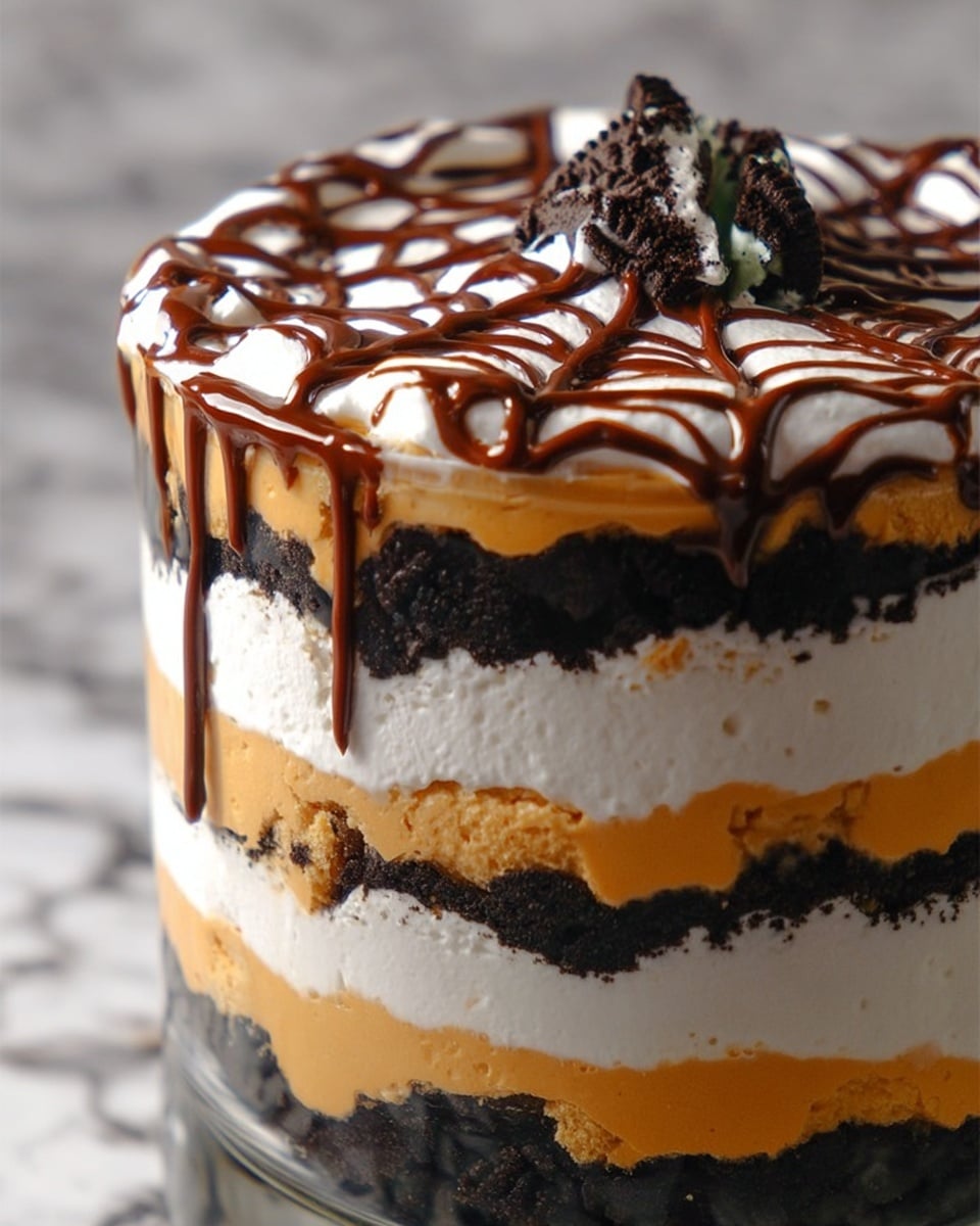 This dessert has five clear layers inside a glass container. The bottom layer is thick and creamy with a light orange color. Above it is a black layer made of crumbled cookies with some white cream mixed inside. The middle layer is thick white cream, smooth and soft. On top of that, there is another layer of orange cream, slightly thicker with some cookie pieces mixed in. The top layer is a thick white cream with a shiny chocolate sauce drizzled in lines and patterns, forming a web-like design. In the background, the surface is a white marbled texture. Photo taken with an iphone --ar 4:5 --v 7