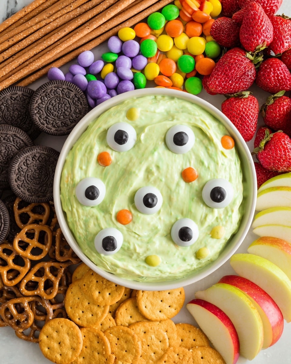 A white bowl is filled with a thick bright lime green cream that has a smooth and slightly swirled texture, topped with small and large white candy eyes with black centers scattered across the surface. The bowl is surrounded by a mix of sliced red and green apples at the bottom edge, a white skeleton hand reaching into the frame from the right side, tall rolled wafer cookies standing upright at the back, and whole red strawberries along with a small orange pumpkin blurred in the background. The setting is on a white marbled surface. photo taken with an iphone --ar 4:5 --v 7