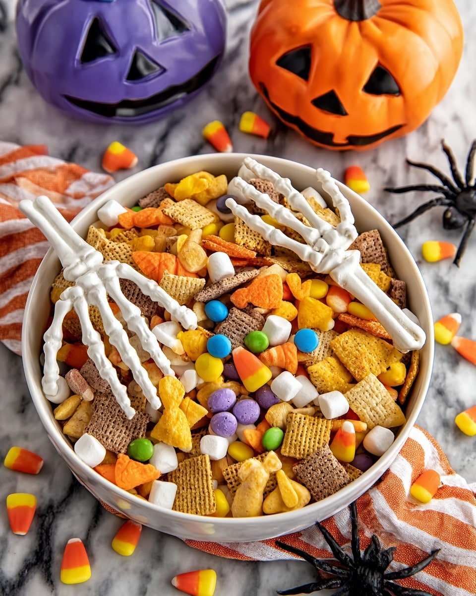 A white bowl filled with a colorful mix of snack items including orange fish-shaped crackers, light yellow cone-shaped snacks, brown squares, small white marshmallows, green, orange, purple, and white round candies, and shiny brown coated nuts. Two white plastic skeleton hands rest on top of the mix, one on the left side and one on the right. The bowl is on a white marbled surface with a purple pumpkin, an orange pumpkin with a carved face, black spider decorations, and an orange and white striped cloth visible around it. photo taken with an iphone --ar 4:5 --v 7