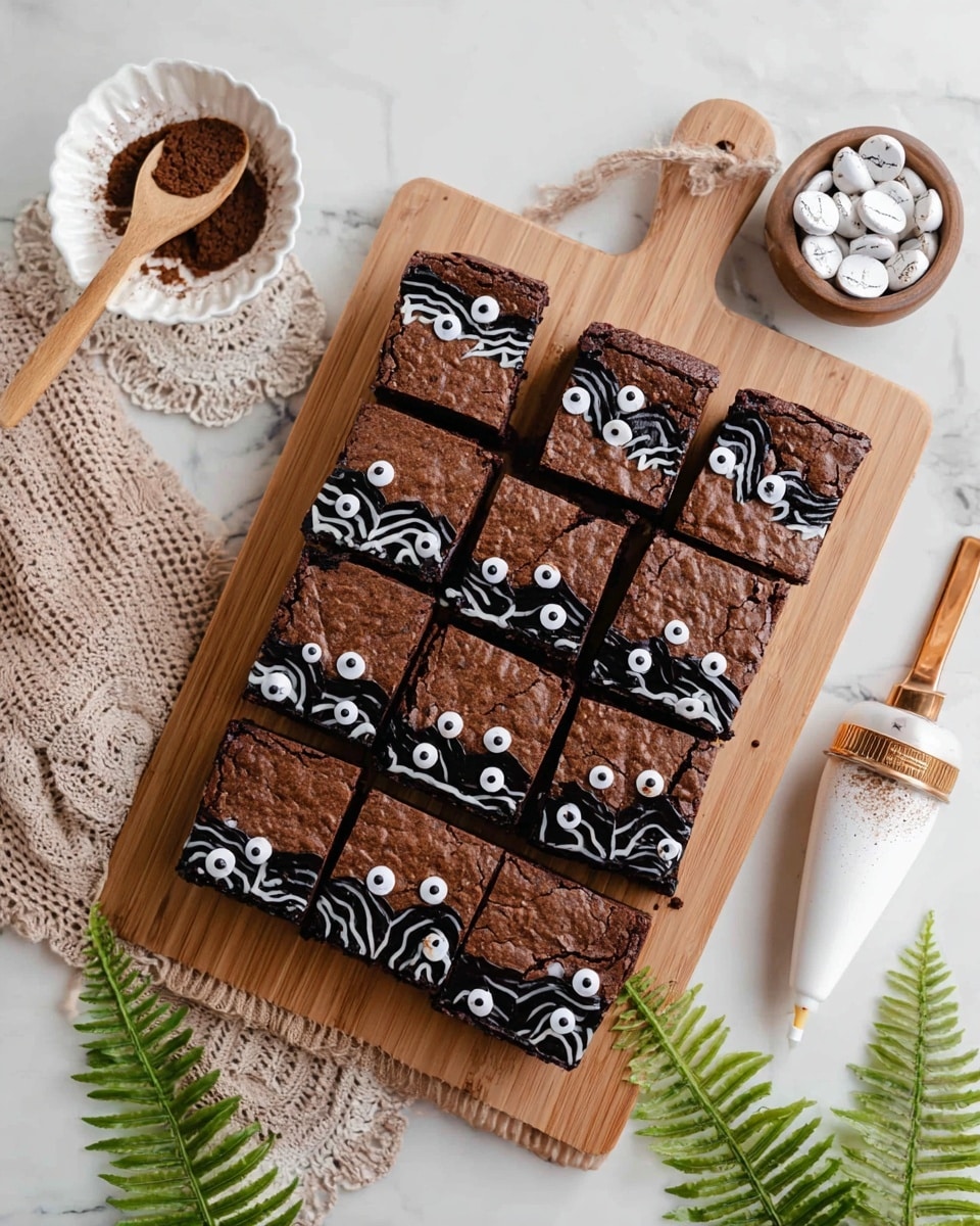A wooden board on a white marbled surface holds twelve square chocolate brownies, each with a cracked top layer. Each brownie is decorated with black icing creating zigzag and swirl patterns on one side and has a single white candy eye near the center. Around the board, there is a white bowl filled with small white candy eyes on a crocheted beige doily, a wooden spoon with some powder on it, small green fern leaves, and a white piping bag with black icing. photo taken with an iphone --ar 4:5 --v 7
