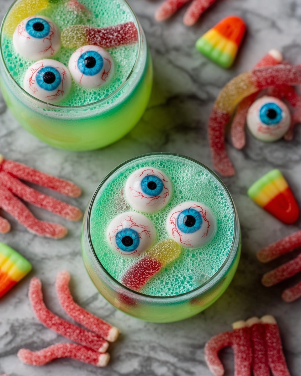The image shows a clear glass filled with a bright green fizzy drink, with two layers visible: a lighter frothy bubbly layer on top and a thicker green liquid layer below, small black dots can be seen inside the drink. Two white candy eyeballs with blue and red details float on the frothy top, and a gummy worm in green and yellow hangs over the rim. In the blurred background, another similar glass and scattered candy pieces including candy eyeballs and gummy worms are visible on a white marbled surface. photo taken with an iphone --ar 4:5 --v 7