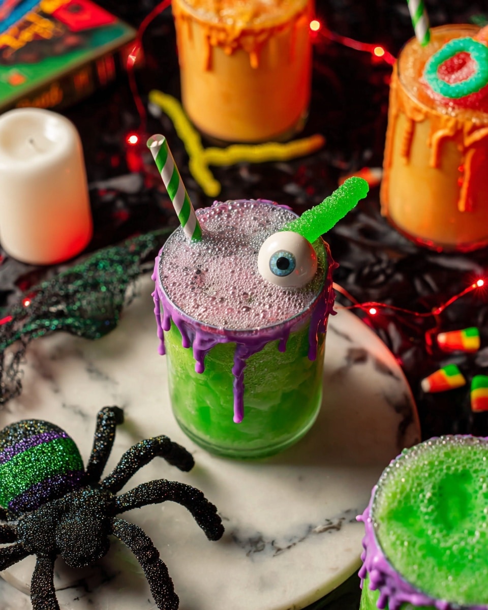 The image shows three green drinks in clear glasses placed on a white marbled surface. Each glass has a thick icing drip around the top edge: the front glass has purple icing dripping down with a foamy surface and two striped straws (one green and white, the other purple and black), along with a gummy worm resting on the top layer. The second glass behind it has orange icing dripping down with a fake eyeball on top. The third glass in the back right is mostly out of focus but also contains a green drink with some red garnish visible. Around the glasses are Halloween decorations, including a glittery black and green spider, gummy worms, a white candle, and a colorful box. There are small red string lights glowing softly in the dark background. Photo taken with an iphone --ar 4:5 --v 7
