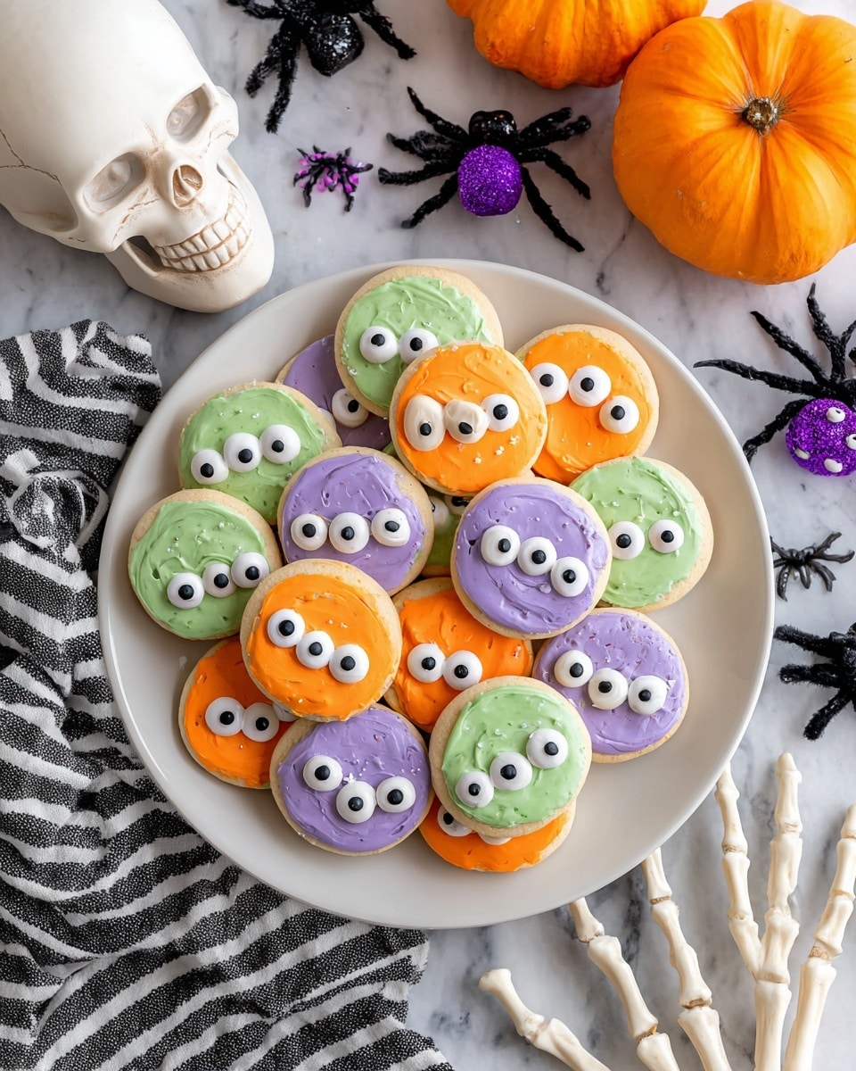A black baking tray holds 24 round cookies arranged in six rows of four, each covered in smooth pastel-colored icing in green, purple, and orange. Each cookie is decorated with small candy eyes in various sizes, placed randomly on top creating a fun, spooky look. The tray is lined with white parchment paper. Around the tray on a white marbled surface, there are round crackers scattered, a white skull decoration, some plastic spider figures, and a garland made of orange, gray, black, and white felt balls. A striped cloth is partially visible at the bottom left corner. Photo taken with an iphone --ar 4:5 --v 7