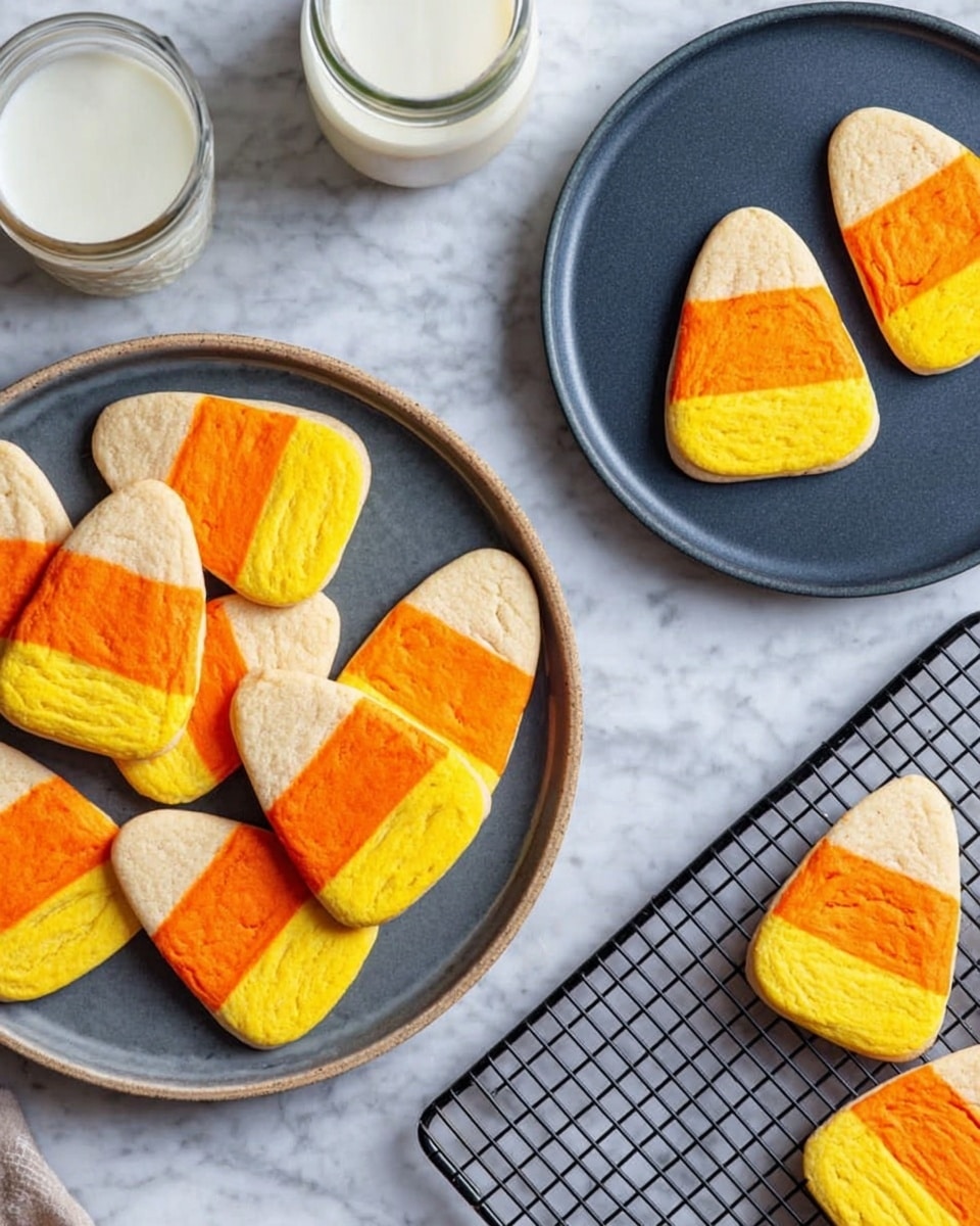 The image shows several pieces of candy corn shaped cookies with three layers of color: the top layer is pale cream, the middle layer is bright orange, and the bottom layer is yellow. The cookies have a soft texture with lightly uneven edges. They are placed on a round dark gray plate in the top left, a round white plate below, a round dark blue plate on the right, and on a black cooling rack on the far right. The background is a white marbled surface, and there is a glass and a bottle of milk partly visible near the top right and bottom edges. Photo taken with an iphone --ar 4:5 --v 7