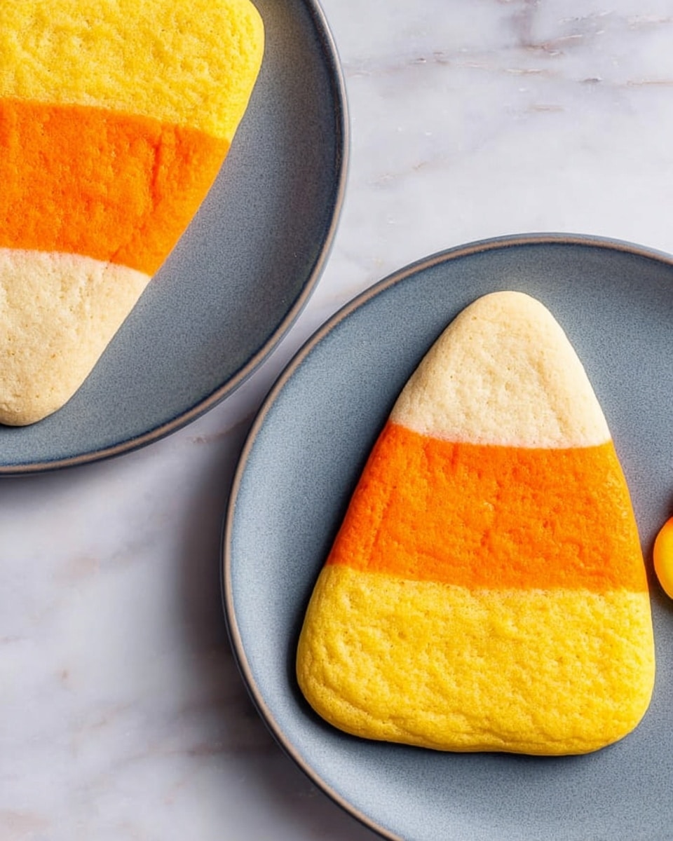 The image shows several cookie-shaped treats designed to look like candy corn. Each cookie has three clear layers: the bottom layer is bright yellow with a smooth texture, the middle is a vivid orange stripe, and the top is off-white with a slightly puffy texture. The cookies are placed on three different white plates with simple designs, and one is on a cooling rack. The surface beneath everything is a white marbled texture. A woman's hand is gently holding one of the cookies. photo taken with an iphone --ar 4:5 --v 7