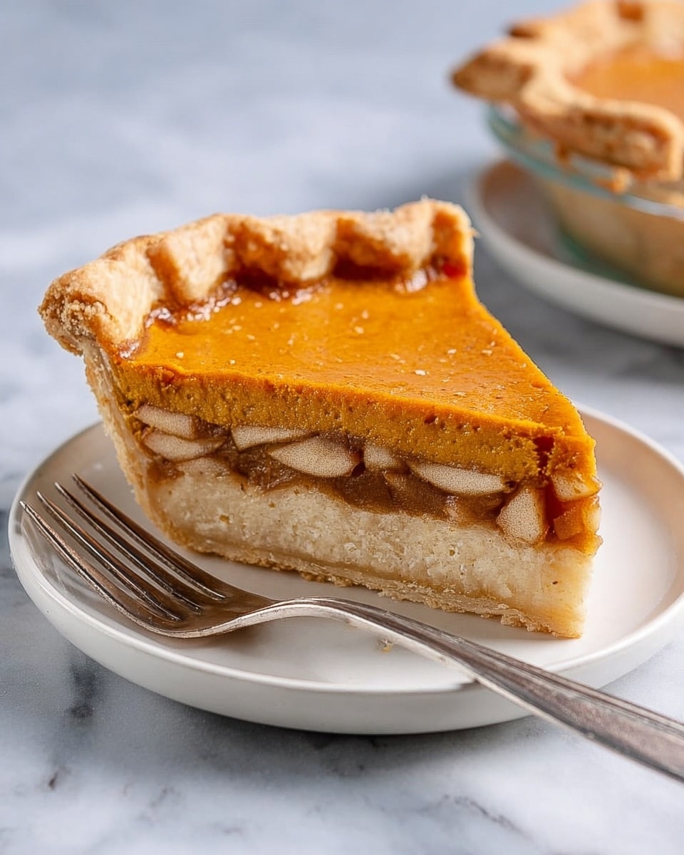 A slice of pumpkin pie sits on a white plate, showing three layers: the bottom is a light, soft crust with a slightly crumbly texture; above that is a layer of cooked apple slices with a golden-brown color and soft look; the top layer is smooth, bright orange pumpkin filling with a shiny surface and tiny bubbles. The crust edges are thicker and uneven, forming a raised border around the pie. There is a fork placed beside the slice on the plate, all set on a white marbled surface. Photo taken with an iphone --ar 4:5 --v 7