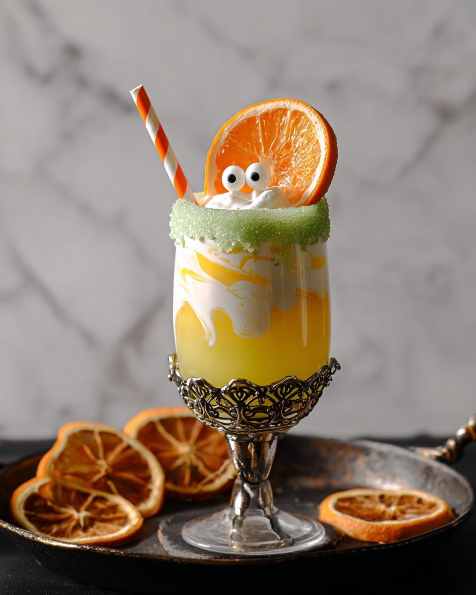A transparent glass with a green sugar rim holds a yellow drink layered with thick white cream swirls inside. On top of the drink, there is an orange slice with two small round white candy eyes placed on it. An orange and white striped straw sticks out from the glass. The glass is set in an ornate metal holder on a dark round coaster, with dried orange slices placed beside it. The background is a white marbled texture. photo taken with an iphone --ar 4:5 --v 7