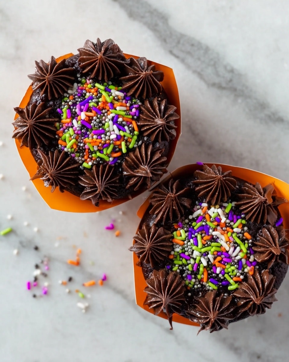 The image shows three cupcakes arranged in a line on a white marbled surface. Each cupcake has a dark brown base wrapped in orange and black striped paper cups. On top, there is a layer of dark chocolate frosting piped in smooth swirls and star shapes around the edge, creating a ring. Inside this ring, colorful sprinkles in purple, orange, green, black, and white fill the center, making the decoration bright and fun. The texture of the frosting looks creamy and thick. Photo taken with an iphone --ar 4:5 --v 7