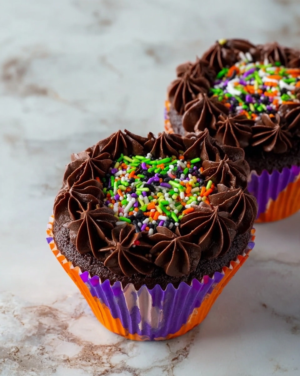 The image shows three chocolate cupcakes on a white marbled surface with black and orange striped cupcake liners. Each cupcake has one thick, dark brown chocolate frosting layer on top, decorated with swirled ridges and small star shapes. The center of each cupcake is covered with small, colorful Halloween-themed sprinkles in orange, purple, black, and green. The background has a dark, blurred round object, adding contrast to the bright cupcakes. Photo taken with an iphone --ar 4:5 --v 7
