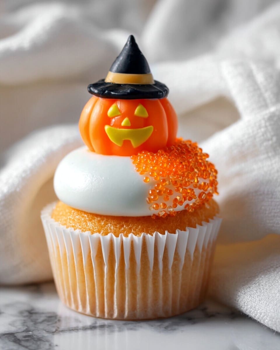 Three cupcakes are shown on a white marbled surface with a white textured cloth underneath. Each cupcake has a yellow-orange base wrapped in white paper. On top, there is a thick swirl of white frosting. One side of the frosting is decorated with small shiny orange sugar crystals. At the very top, each cupcake features a small pumpkin-shaped decoration with a bright orange color, a carved smiling face in yellow, and a black witch's hat. The image looks clear and bright. photo taken with an iphone --ar 4:5 --v 7